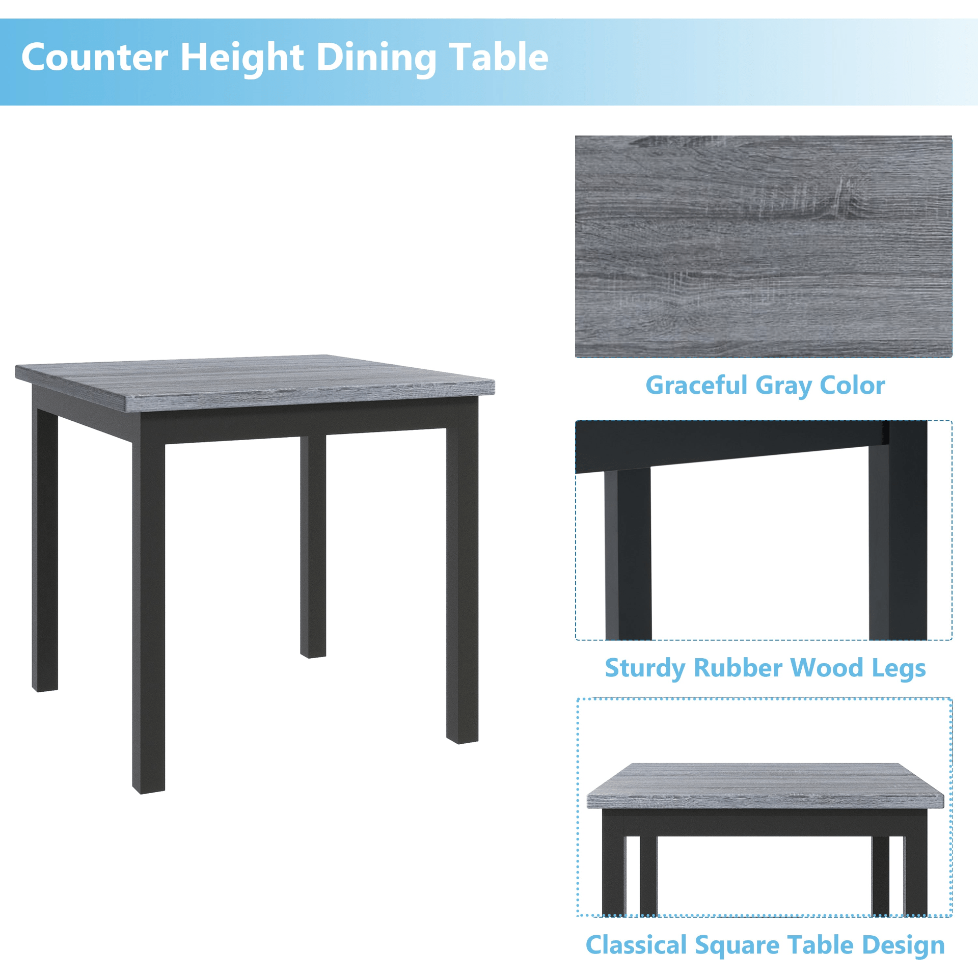 5 - Piece Counter Height Dining Set - Wood Square Table & Chairs Stools with Footrest & Upholstered High - Back Seats, Black - CurtisJ Designs