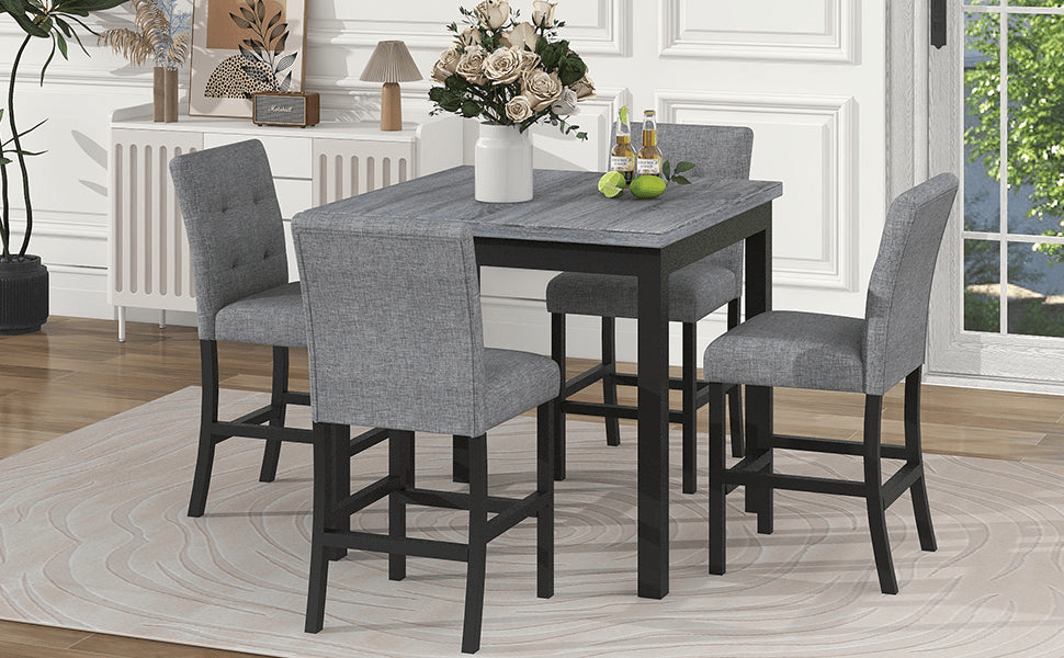 5 - Piece Counter Height Dining Set - Wood Square Table & Chairs Stools with Footrest & Upholstered High - Back Seats, Black - CurtisJ Designs