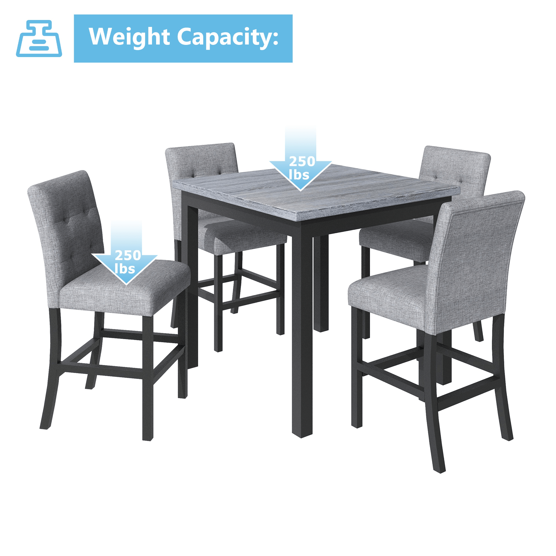 5 - Piece Counter Height Dining Set - Wood Square Table & Chairs Stools with Footrest & Upholstered High - Back Seats, Black - CurtisJ Designs