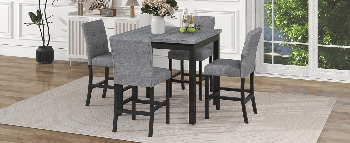 5 - Piece Counter Height Dining Set - Wood Square Table & Chairs Stools with Footrest & Upholstered High - Back Seats, Black - CurtisJ Designs