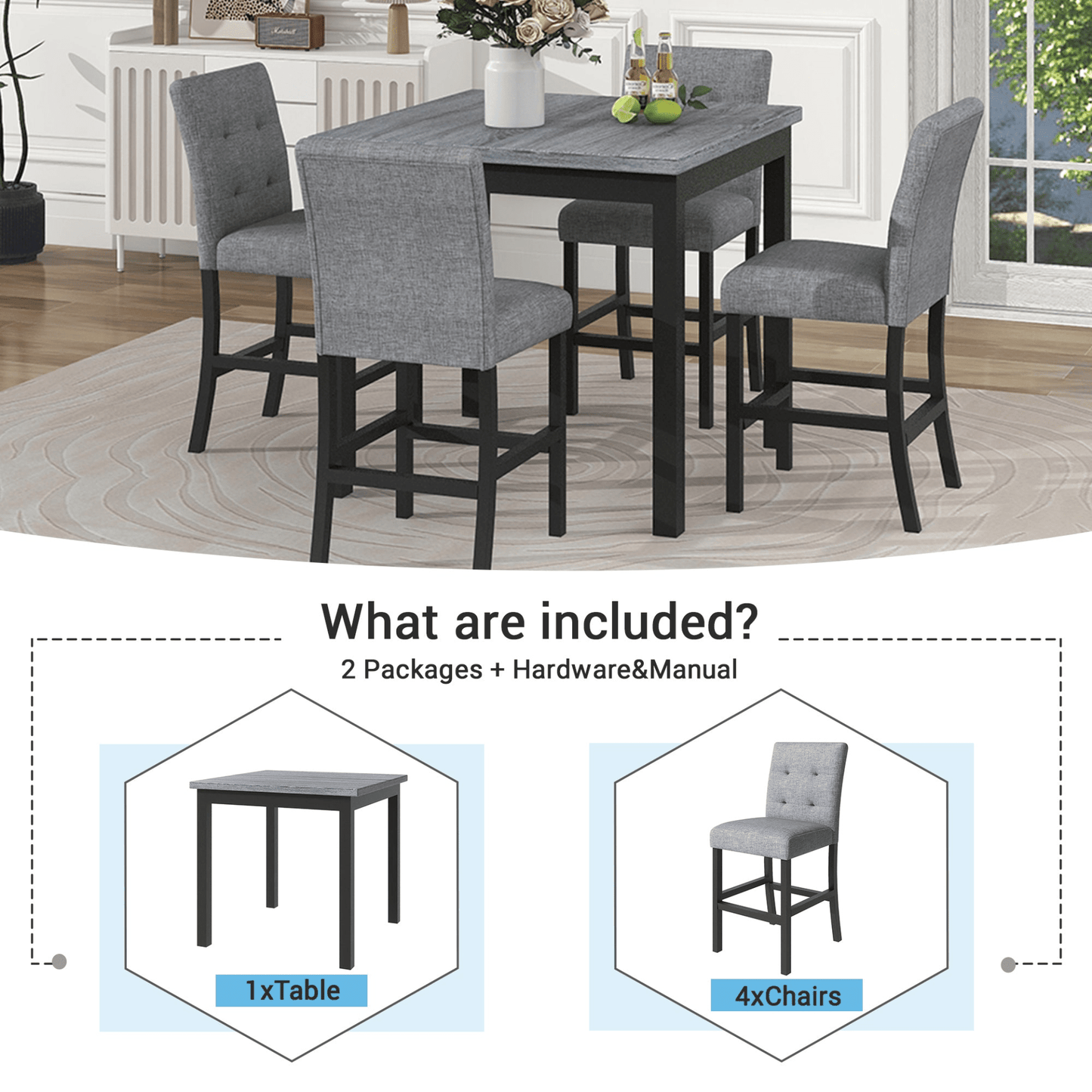 5 - Piece Counter Height Dining Set - Wood Square Table & Chairs Stools with Footrest & Upholstered High - Back Seats, Black - CurtisJ Designs