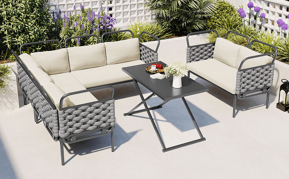 5 - Piece Modern Outdoor Patio Sectional Sofa Set with Table & Cushions, Gray & Beige - CurtisJ Designs