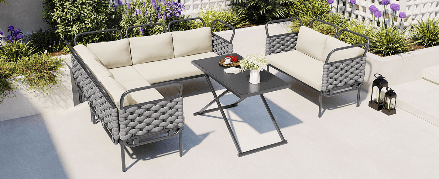 5 - Piece Modern Outdoor Patio Sectional Sofa Set with Table & Cushions, Gray & Beige - CurtisJ Designs