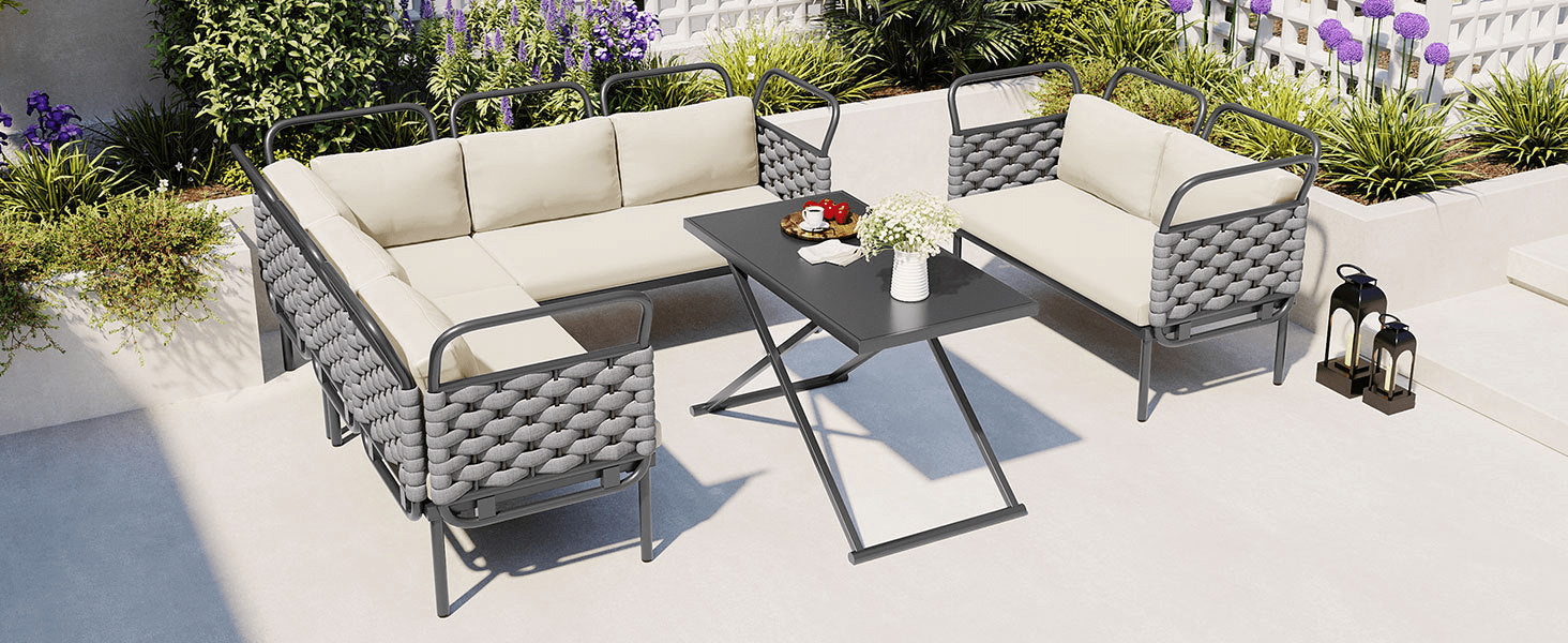 5 - Piece Modern Outdoor Patio Sectional Sofa Set with Table & Cushions, Gray & Beige - CurtisJ Designs