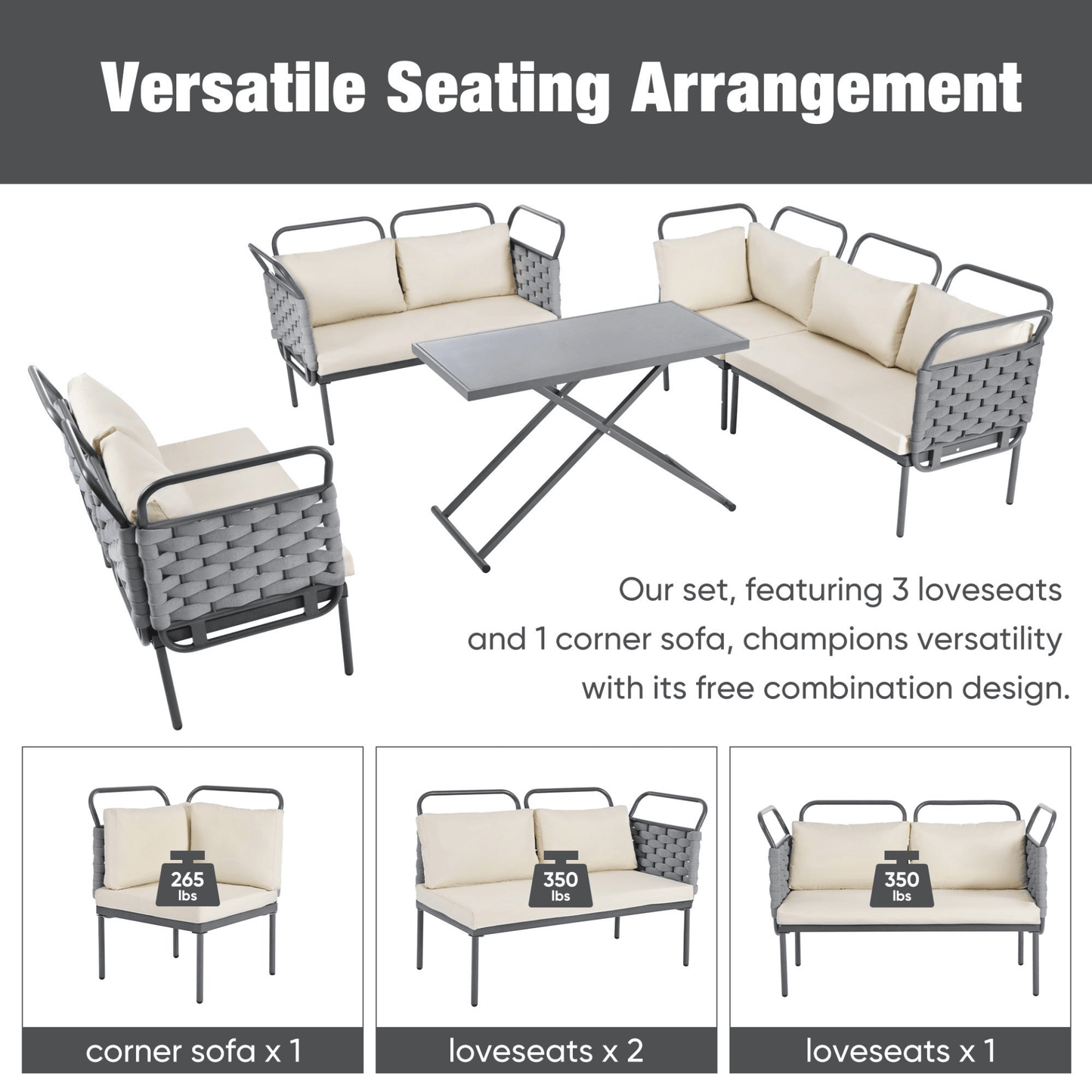 5 - Piece Modern Outdoor Patio Sectional Sofa Set with Table & Cushions, Gray & Beige - CurtisJ Designs