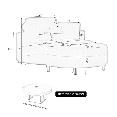 51 - Inch Beige Corduroy Sofa with Adjustable Headrest and Extra Tray - Ideal for Small Apartment Bedroom Spaces - CurtisJ Designs