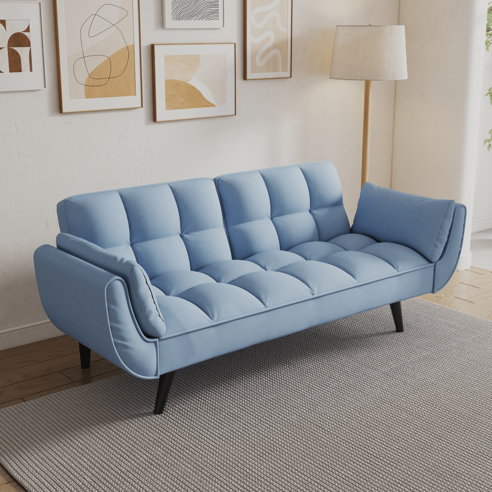 57" Blue Velvet Sofa with Two Armrests, Throw Pillow, Comfortable Fit for Apartment or Small Spaces - CurtisJ Designs