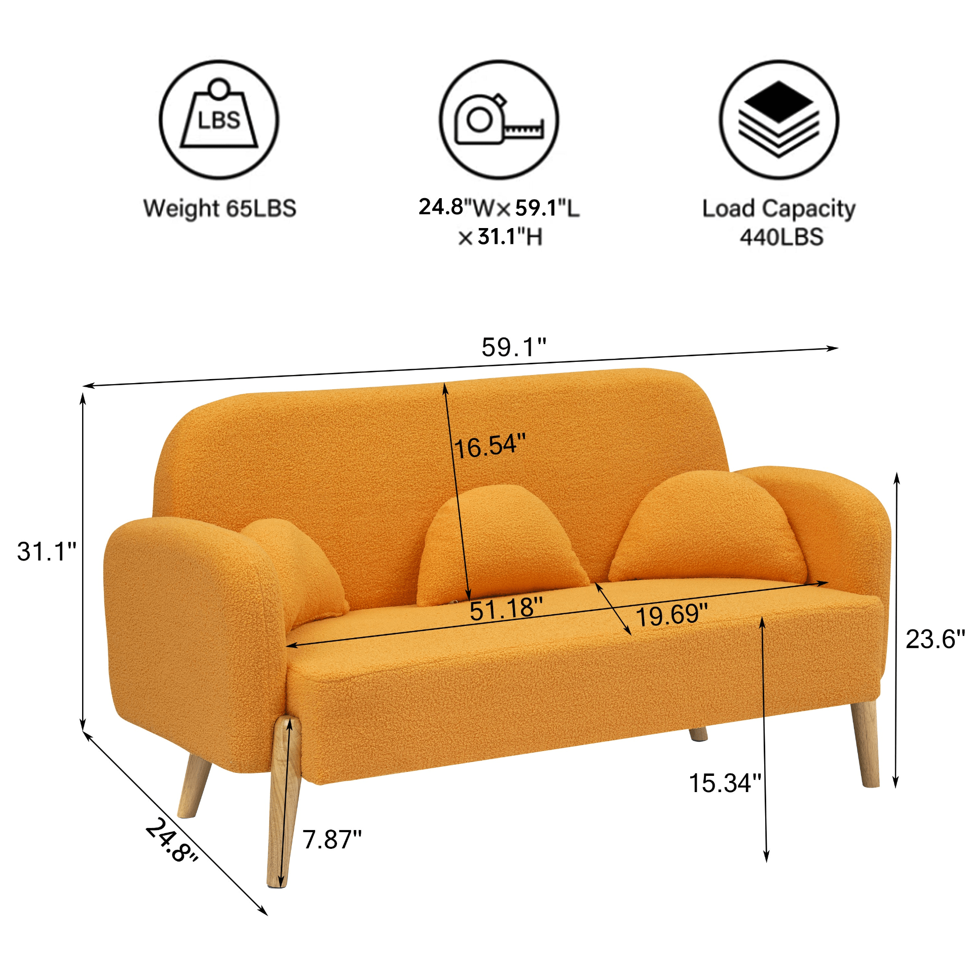 59.1" Teddy Velvet Beige Two - Seater Sofa with Three Lumbar Pillows - Comfortable & Stylish - CurtisJ Designs