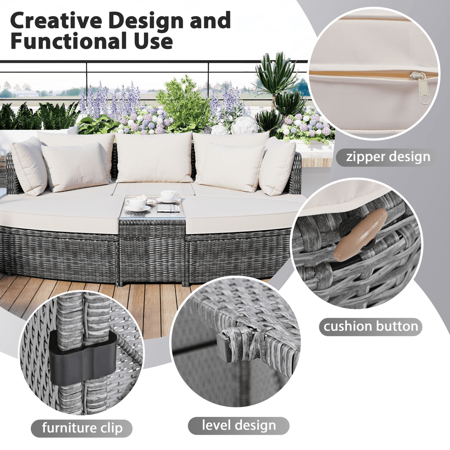 6 - Piece Patio Outdoor Conversation Sofa Set - PE Wicker Rattan Seating Group with Coffee Table, Beige - CurtisJ Designs