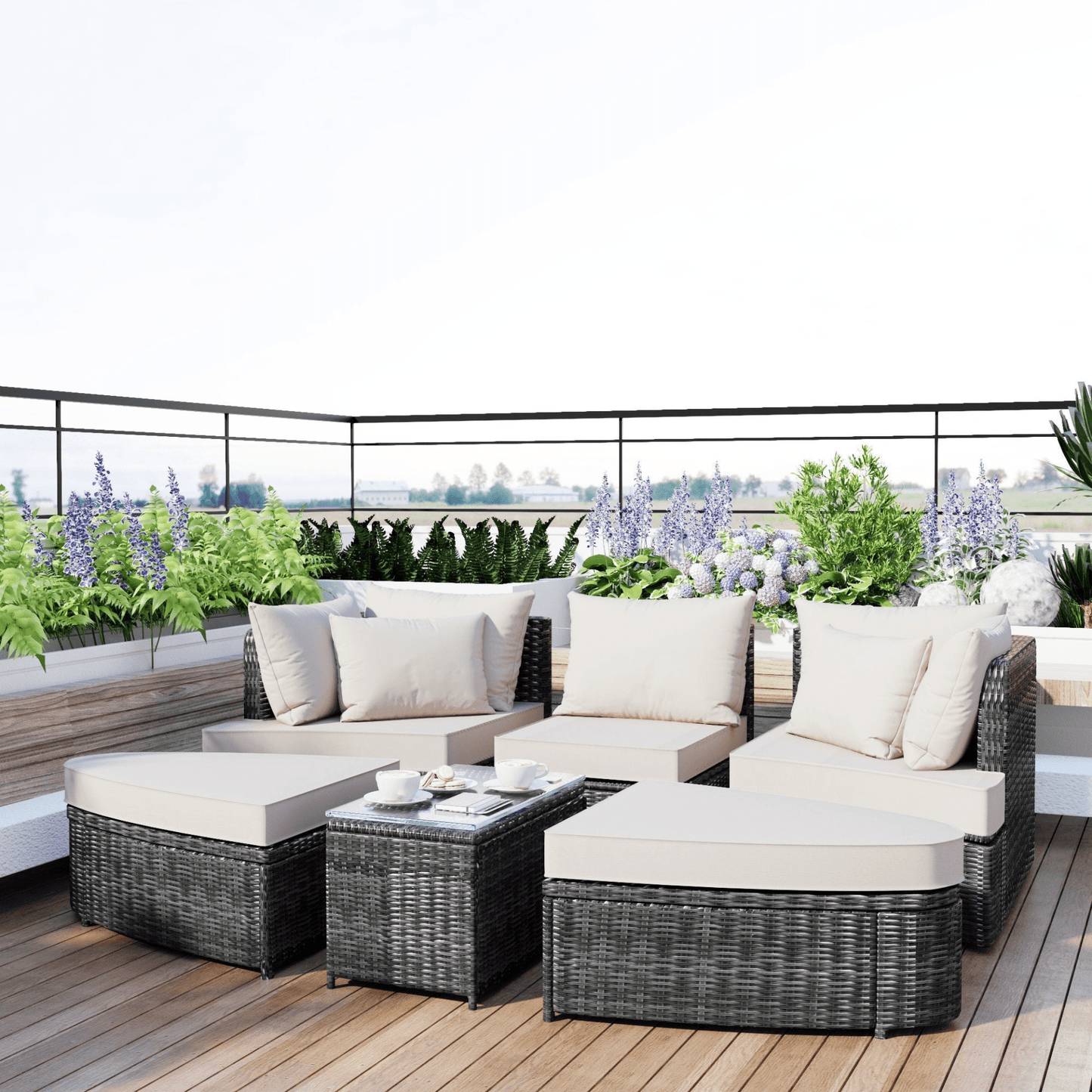 6 - Piece Patio Outdoor Conversation Sofa Set - PE Wicker Rattan Seating Group with Coffee Table, Beige - CurtisJ Designs