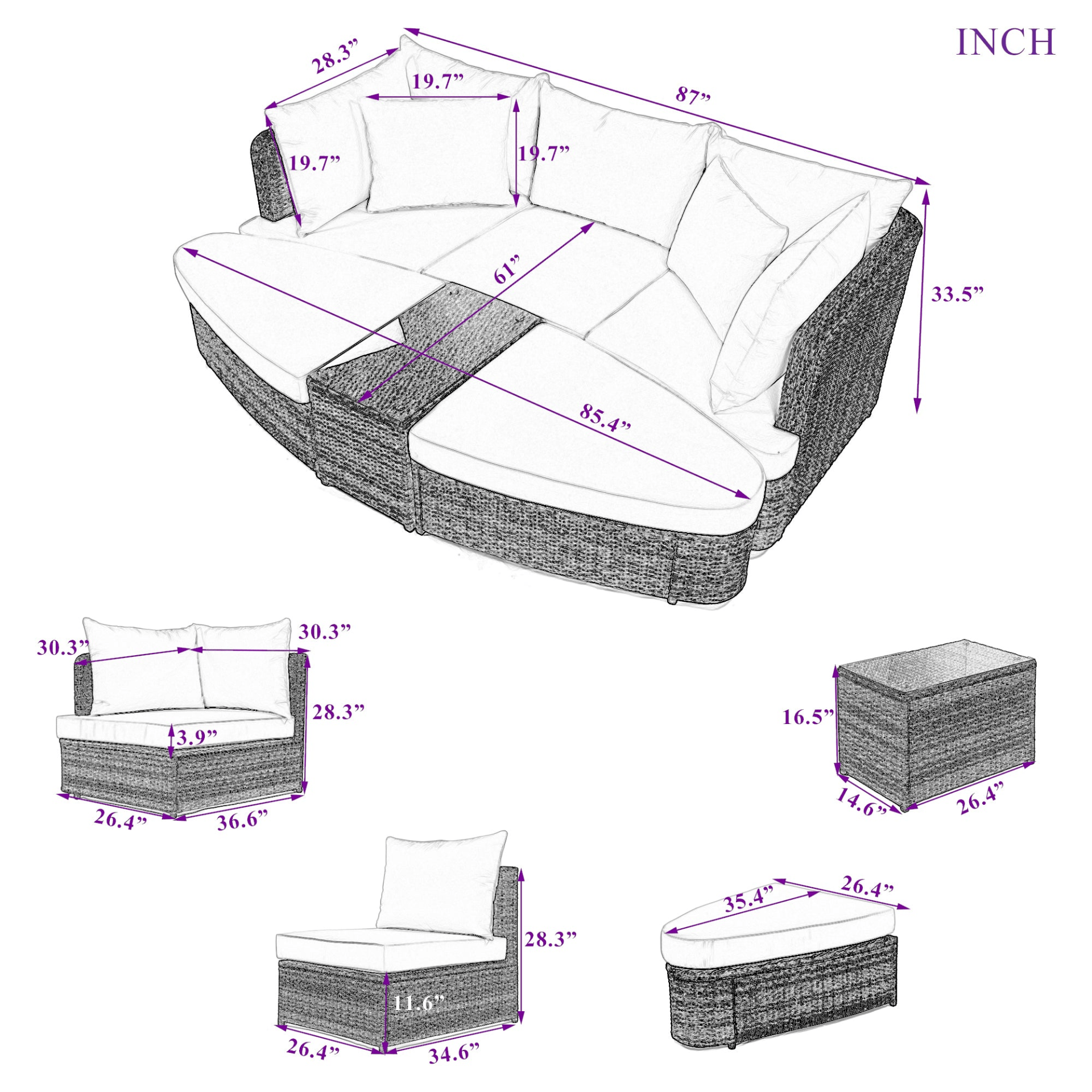 6 - Piece Patio Outdoor Conversation Sofa Set - PE Wicker Rattan Seating Group with Coffee Table, Beige - CurtisJ Designs