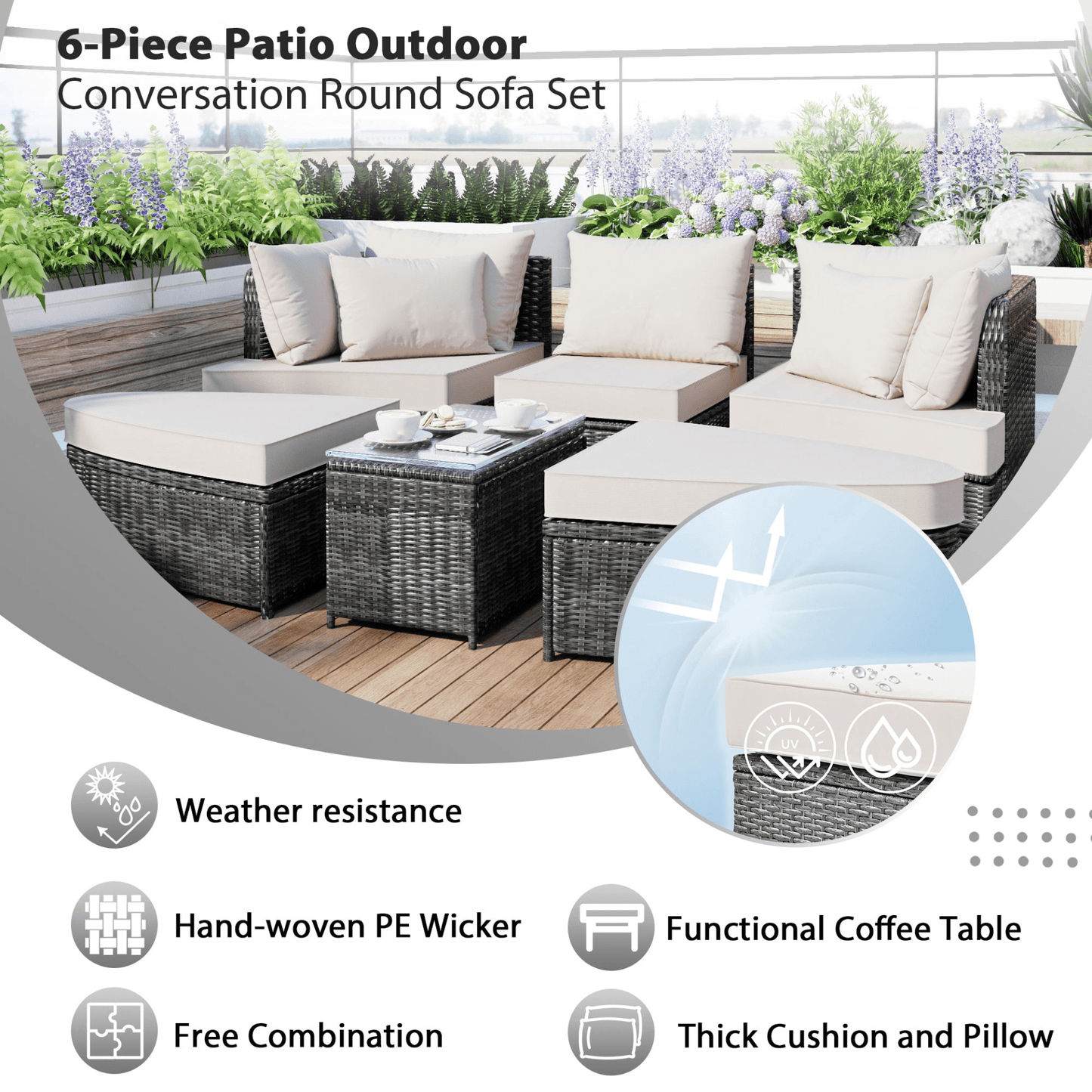 6 - Piece Patio Outdoor Conversation Sofa Set - PE Wicker Rattan Seating Group with Coffee Table, Beige - CurtisJ Designs