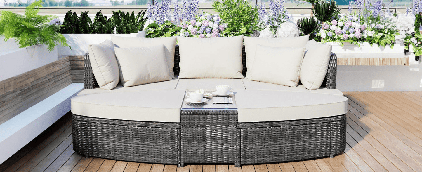 6 - Piece Patio Outdoor Conversation Sofa Set - PE Wicker Rattan Seating Group with Coffee Table, Beige - CurtisJ Designs