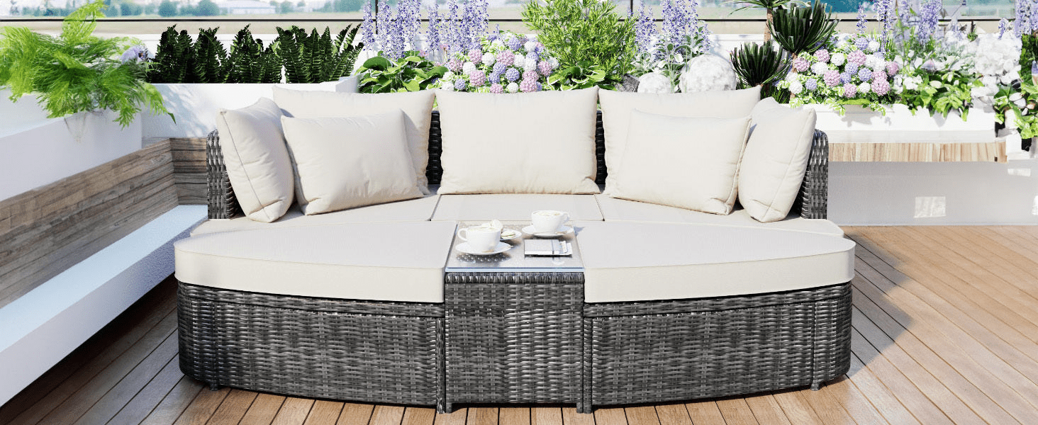 6 - Piece Patio Outdoor Conversation Sofa Set - PE Wicker Rattan Seating Group with Coffee Table, Beige - CurtisJ Designs