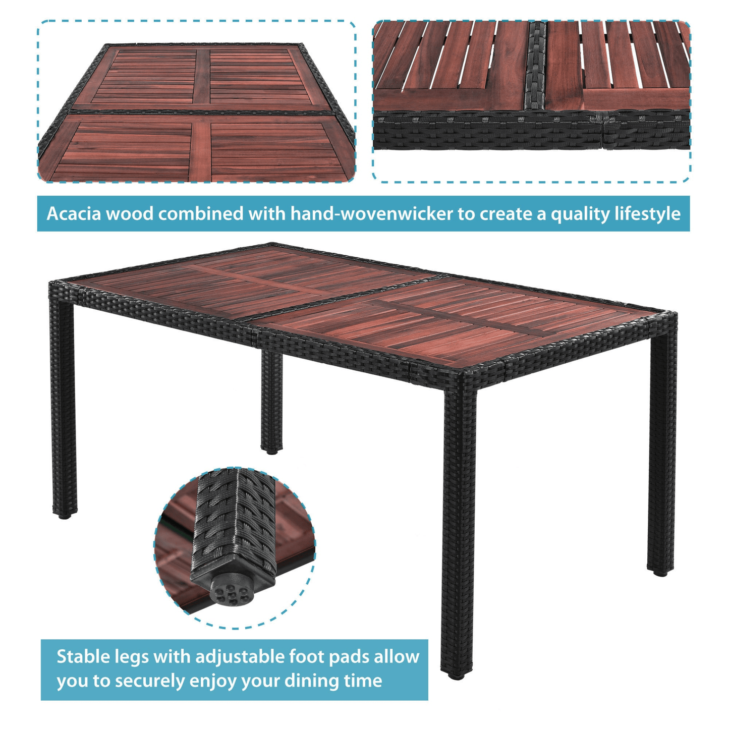 7 - Piece Outdoor Patio Dining Set, Garden PE Rattan Wicker Dining Table and Chairs Set, Acacia Wood Tabletop, Stackable Armrest Chairs with Cushions, Reddish - brown - CurtisJ Designs