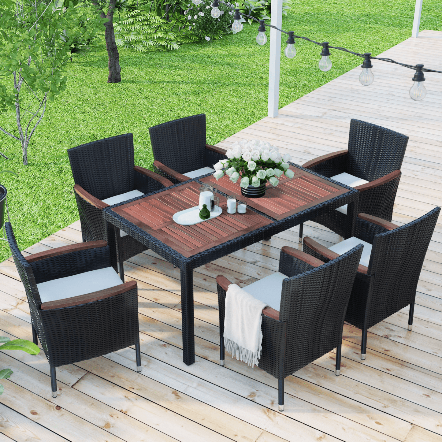 7 - Piece Outdoor Patio Dining Set, Garden PE Rattan Wicker Dining Table and Chairs Set, Acacia Wood Tabletop, Stackable Armrest Chairs with Cushions, Reddish - brown - CurtisJ Designs