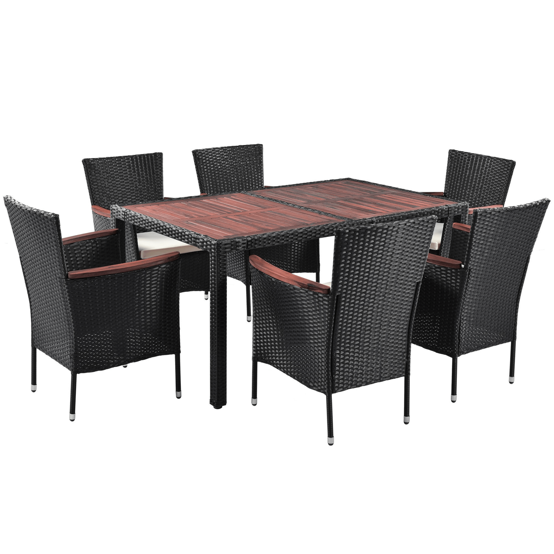 7 - Piece Outdoor Patio Dining Set, Garden PE Rattan Wicker Dining Table and Chairs Set, Acacia Wood Tabletop, Stackable Armrest Chairs with Cushions, Reddish - brown - CurtisJ Designs