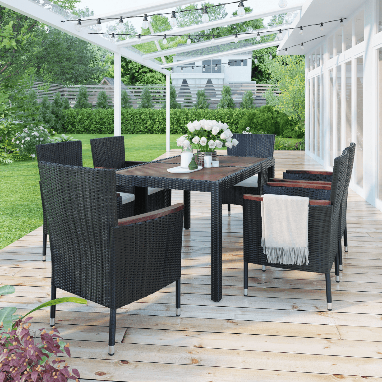 7 - Piece Outdoor Patio Dining Set, Garden PE Rattan Wicker Dining Table and Chairs Set, Acacia Wood Tabletop, Stackable Armrest Chairs with Cushions, Reddish - brown - CurtisJ Designs