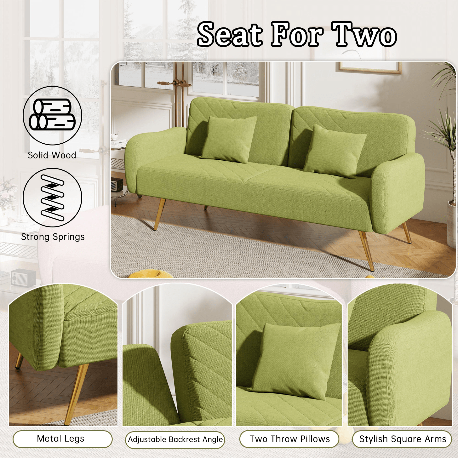 70.47" Green Fabric Double Sofa with Adjustable Split Backrest & Throw Pillows - Ideal for Living Room, Apartment, Home Office - CurtisJ Designs