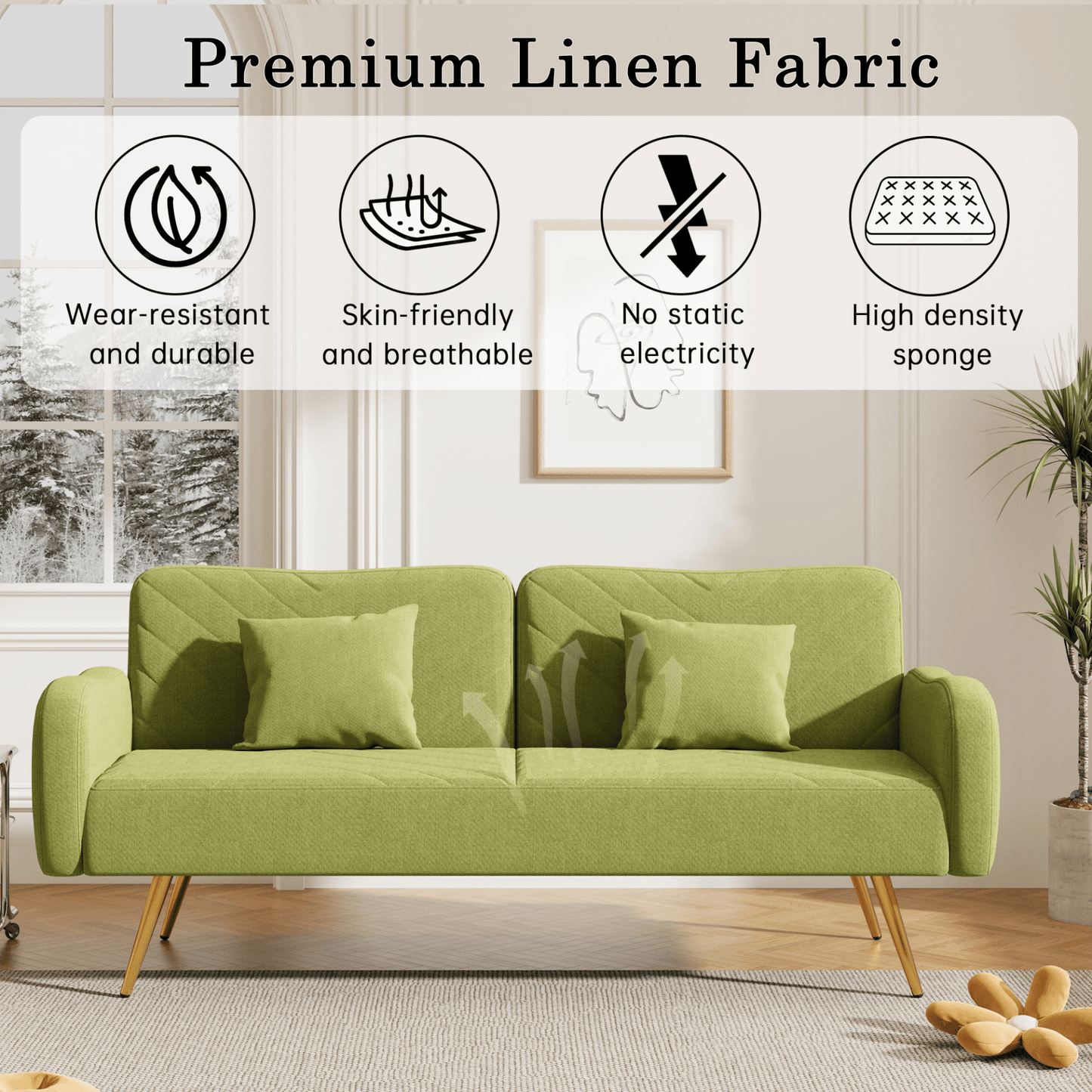 70.47" Green Fabric Double Sofa with Adjustable Split Backrest & Throw Pillows - Ideal for Living Room, Apartment, Home Office - CurtisJ Designs