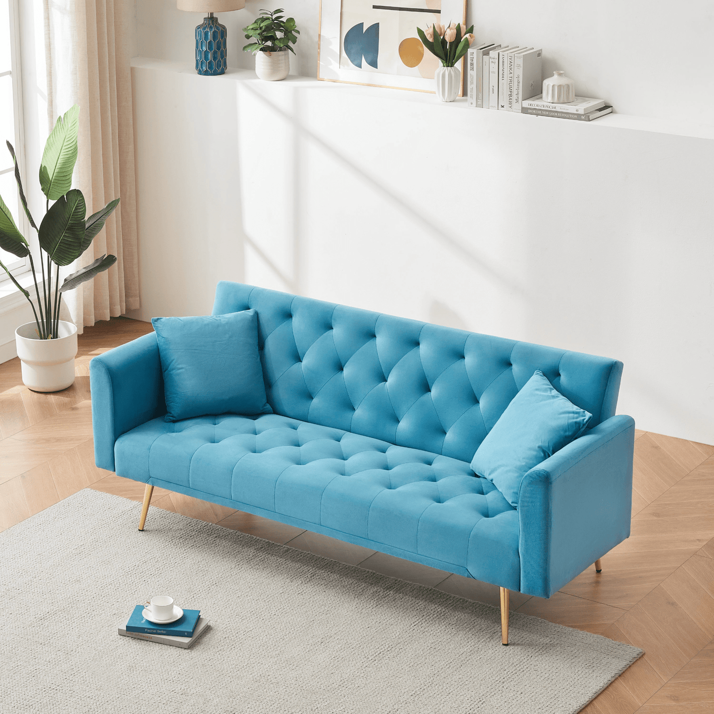 71 - Inch Convertible Love Seat Sofa - American Retro Light Blue Velvet, Ideal for Small Living Rooms, Bedrooms, and Offices - CurtisJ Designs