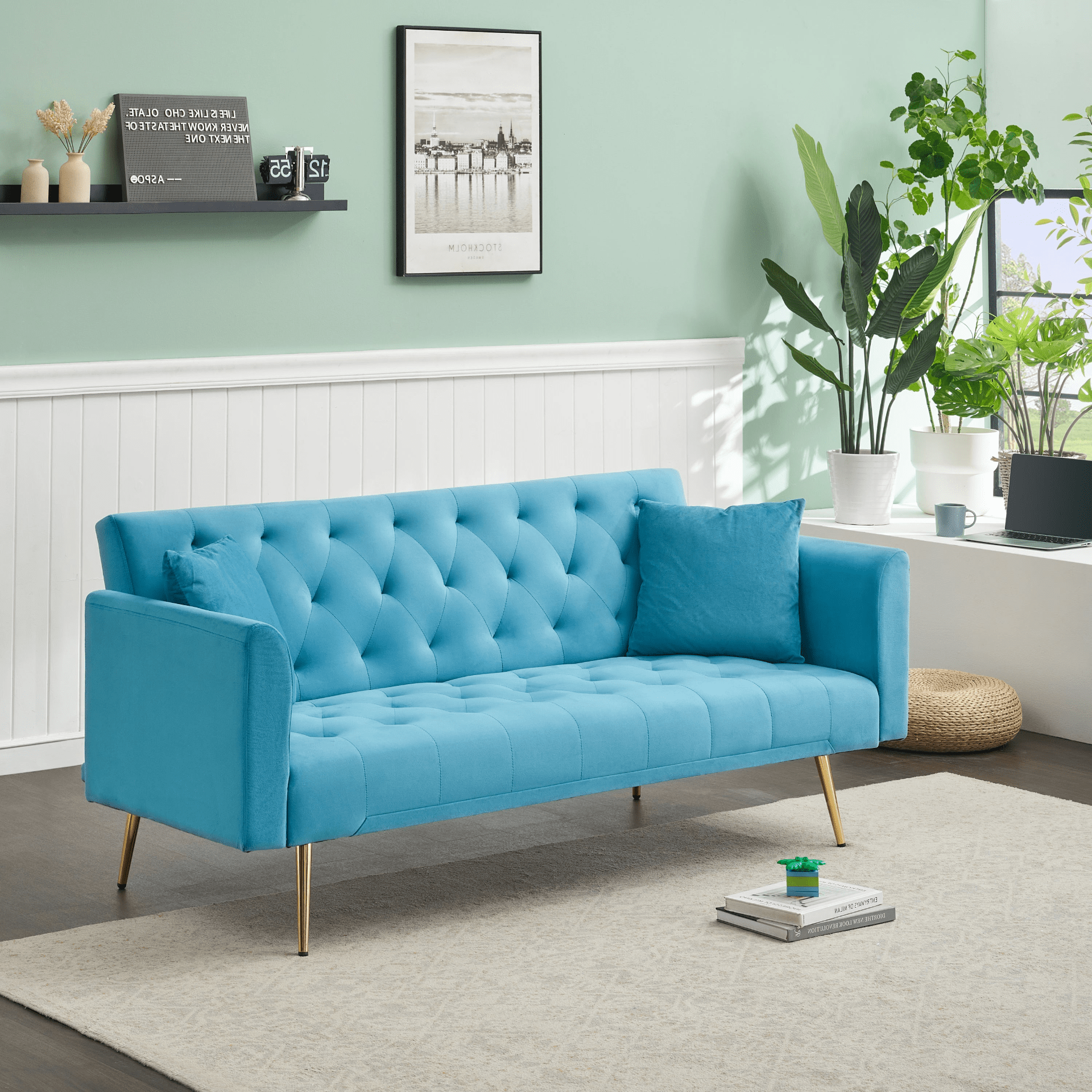 71 - Inch Convertible Love Seat Sofa - American Retro Light Blue Velvet, Ideal for Small Living Rooms, Bedrooms, and Offices - CurtisJ Designs