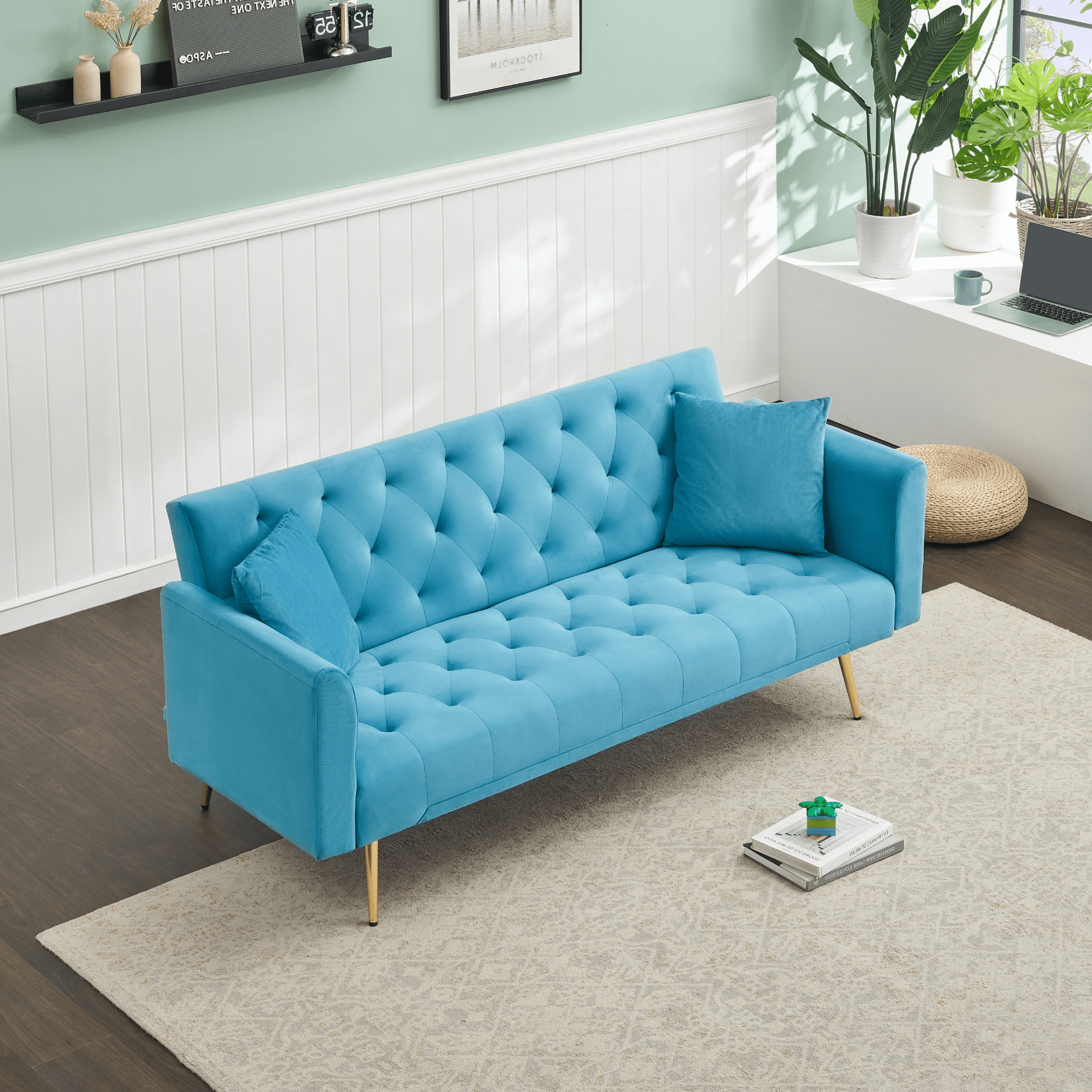 71 - Inch Convertible Love Seat Sofa - American Retro Light Blue Velvet, Ideal for Small Living Rooms, Bedrooms, and Offices - CurtisJ Designs