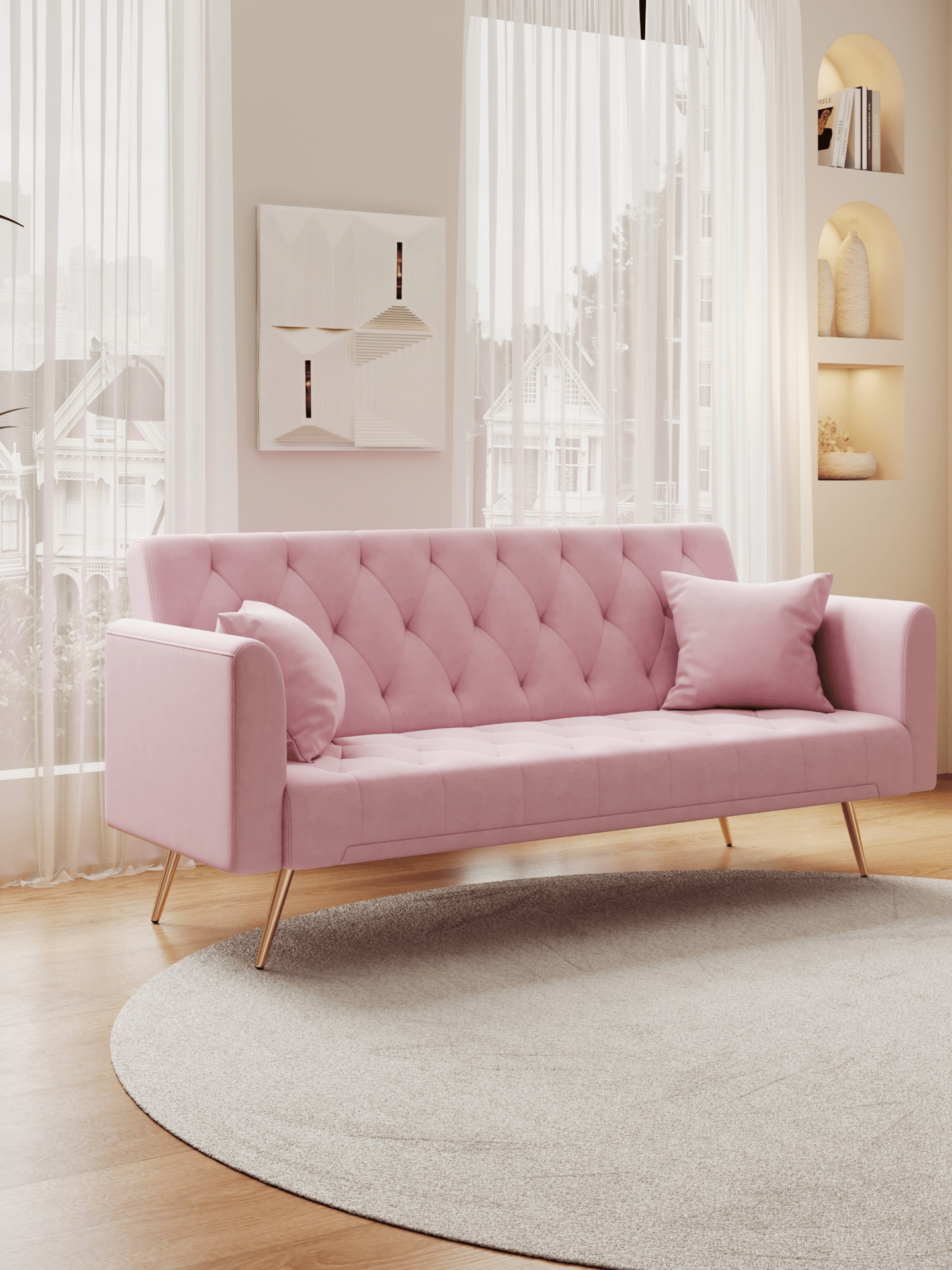 71 Inch Convertible Love Seat Sofa - American Retro Pink Velvet - Ideal for Small Living Rooms, Bedrooms, and Offices - CurtisJ Designs