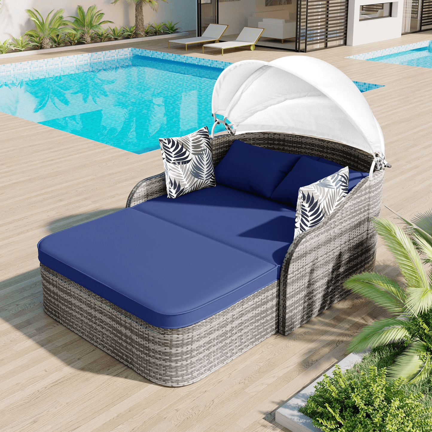 79.9" Outdoor Sunbed with Adjustable Canopy, Gray Wicker & Blue Cushion Daybed, Double Lounge with Pillows - CurtisJ Designs