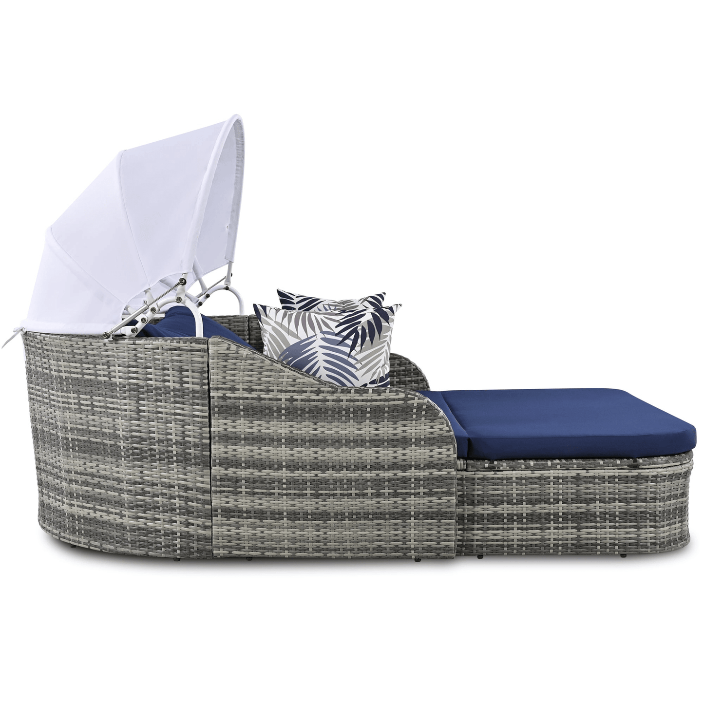 79.9" Outdoor Sunbed with Adjustable Canopy, Gray Wicker & Blue Cushion Daybed, Double Lounge with Pillows - CurtisJ Designs