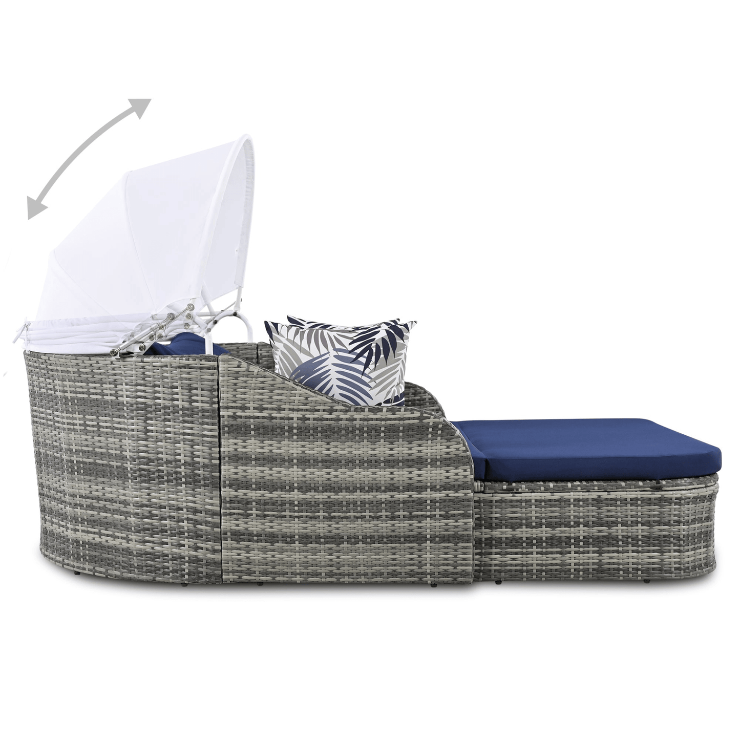 79.9" Outdoor Sunbed with Adjustable Canopy, Gray Wicker & Blue Cushion Daybed, Double Lounge with Pillows - CurtisJ Designs