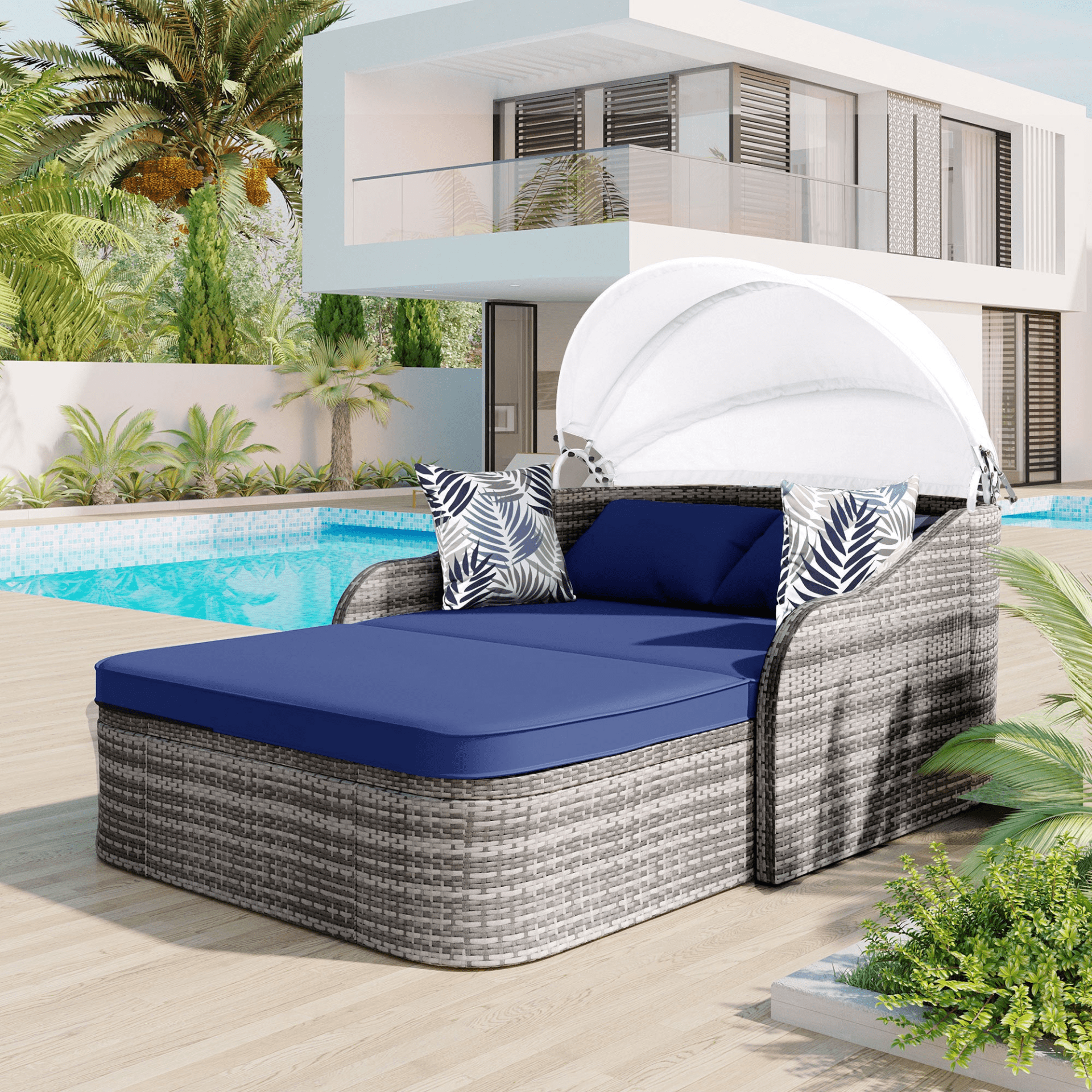 79.9" Outdoor Sunbed with Adjustable Canopy, Gray Wicker & Blue Cushion Daybed, Double Lounge with Pillows - CurtisJ Designs