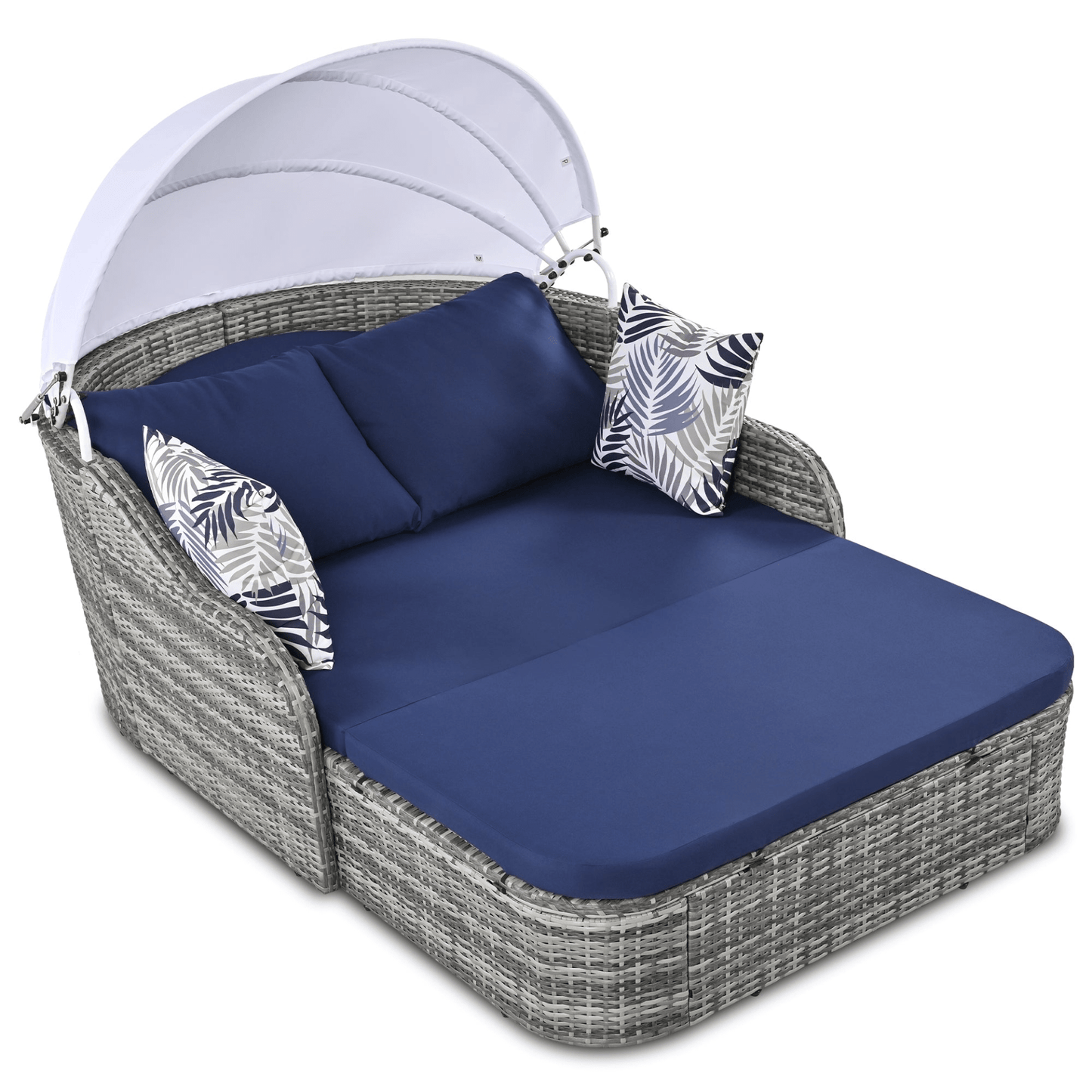 79.9" Outdoor Sunbed with Adjustable Canopy, Gray Wicker & Blue Cushion Daybed, Double Lounge with Pillows - CurtisJ Designs