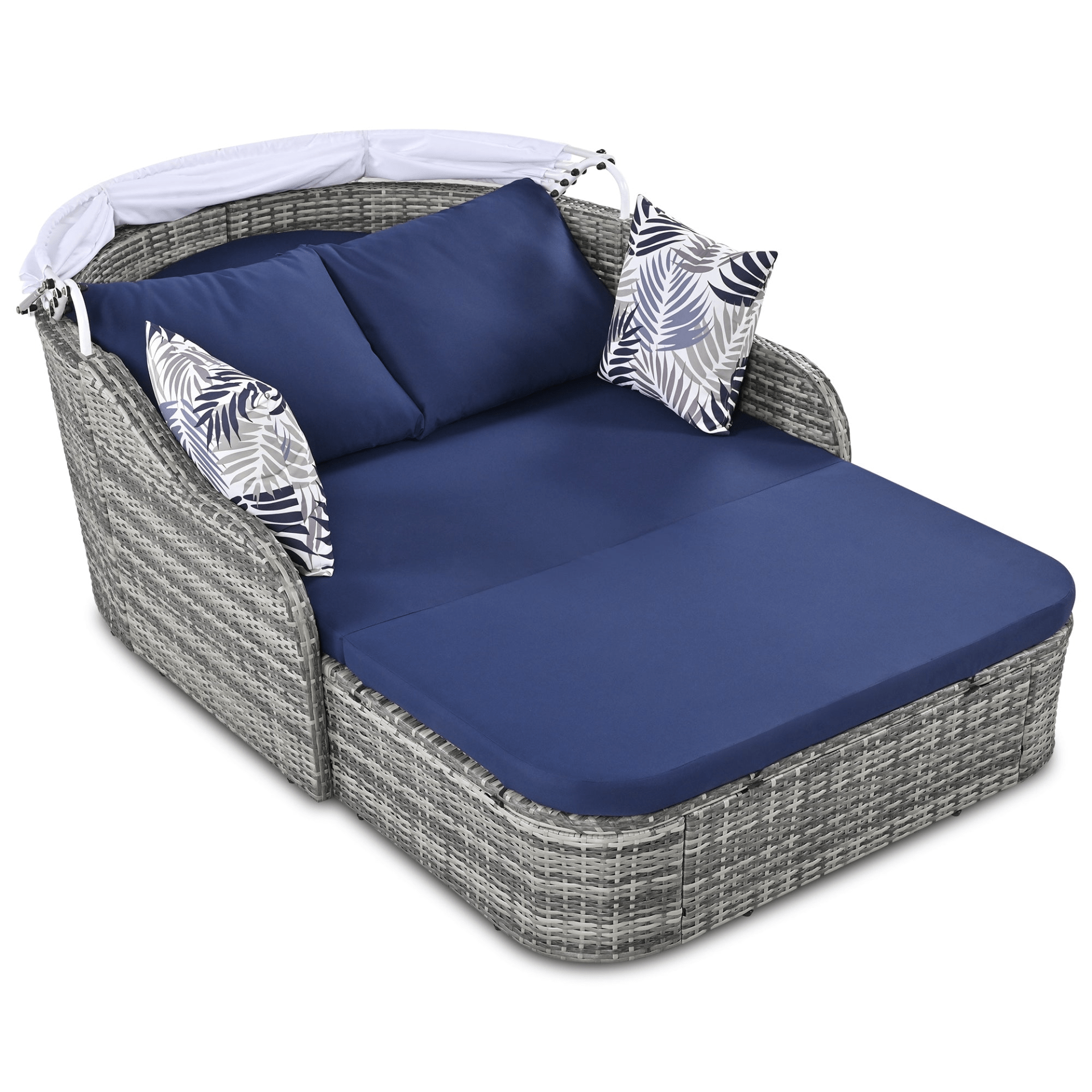 79.9" Outdoor Sunbed with Adjustable Canopy, Gray Wicker & Blue Cushion Daybed, Double Lounge with Pillows - CurtisJ Designs