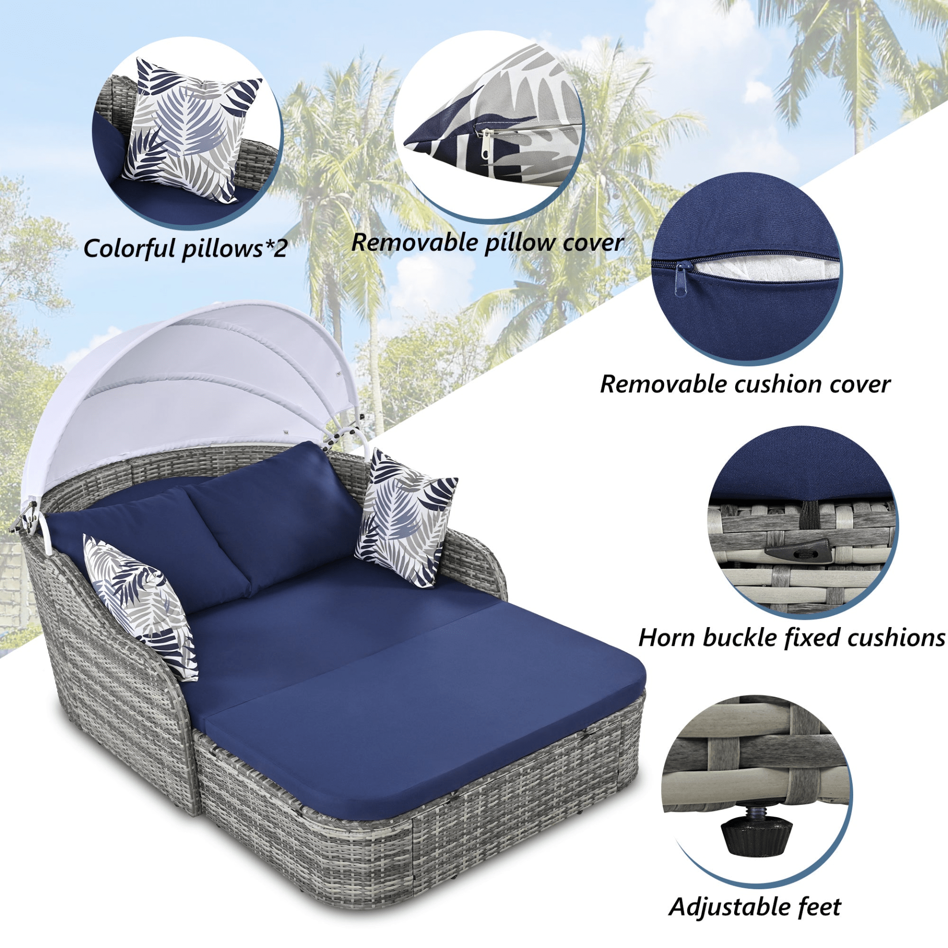 79.9" Outdoor Sunbed with Adjustable Canopy, Gray Wicker & Blue Cushion Daybed, Double Lounge with Pillows - CurtisJ Designs