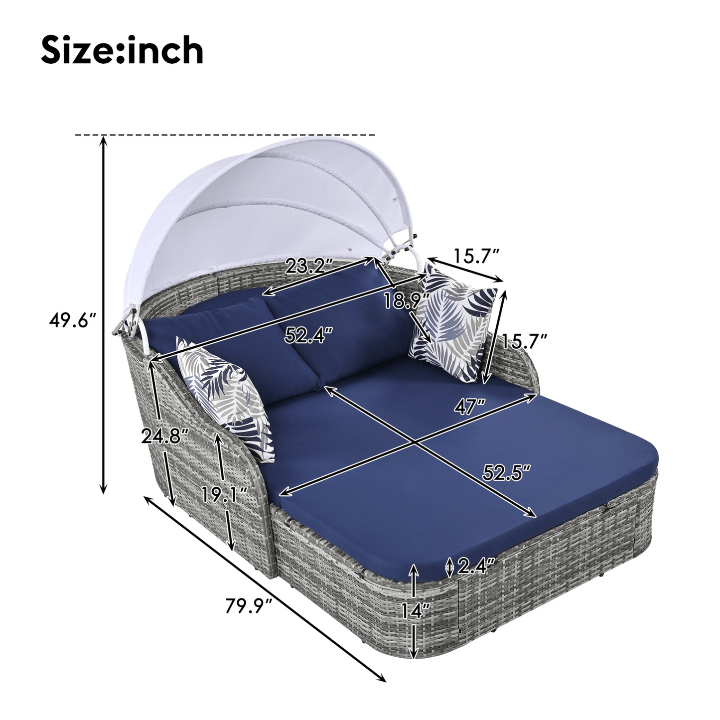 79.9" Outdoor Sunbed with Adjustable Canopy, Gray Wicker & Blue Cushion Daybed, Double Lounge with Pillows - CurtisJ Designs