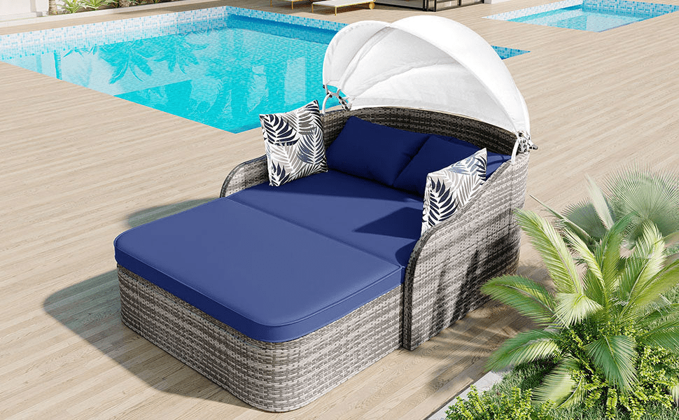 79.9" Outdoor Sunbed with Adjustable Canopy, Gray Wicker & Blue Cushion Daybed, Double Lounge with Pillows - CurtisJ Designs