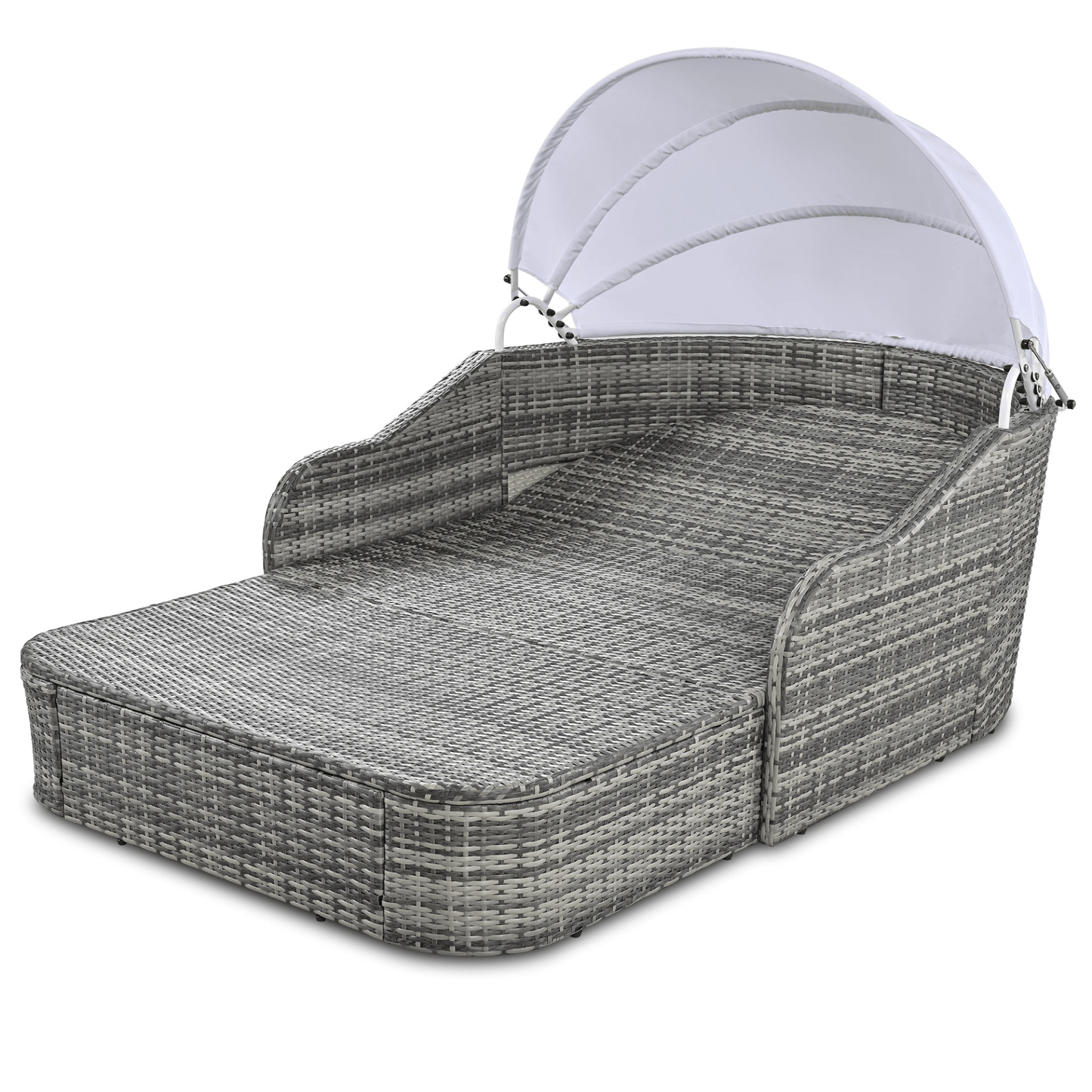 79.9" Outdoor Sunbed with Adjustable Canopy, Gray Wicker & Blue Cushion Daybed, Double Lounge with Pillows - CurtisJ Designs