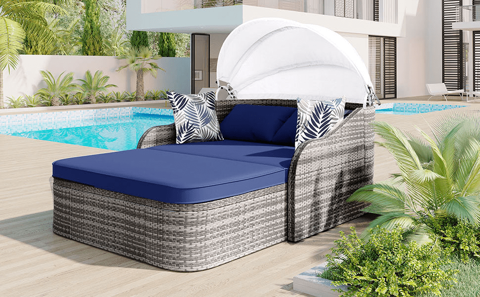 79.9" Outdoor Sunbed with Adjustable Canopy, Gray Wicker & Blue Cushion Daybed, Double Lounge with Pillows - CurtisJ Designs