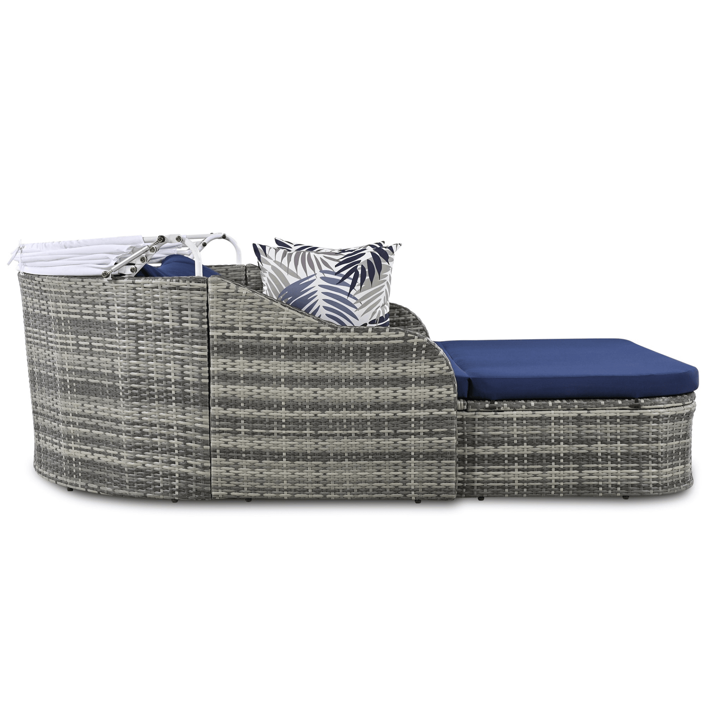 79.9" Outdoor Sunbed with Adjustable Canopy, Gray Wicker & Blue Cushion Daybed, Double Lounge with Pillows - CurtisJ Designs