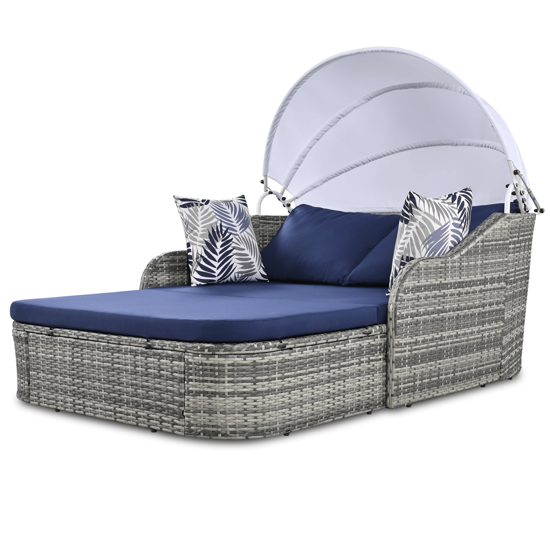 79.9" Outdoor Sunbed with Adjustable Canopy, Gray Wicker & Blue Cushion Daybed, Double Lounge with Pillows - CurtisJ Designs