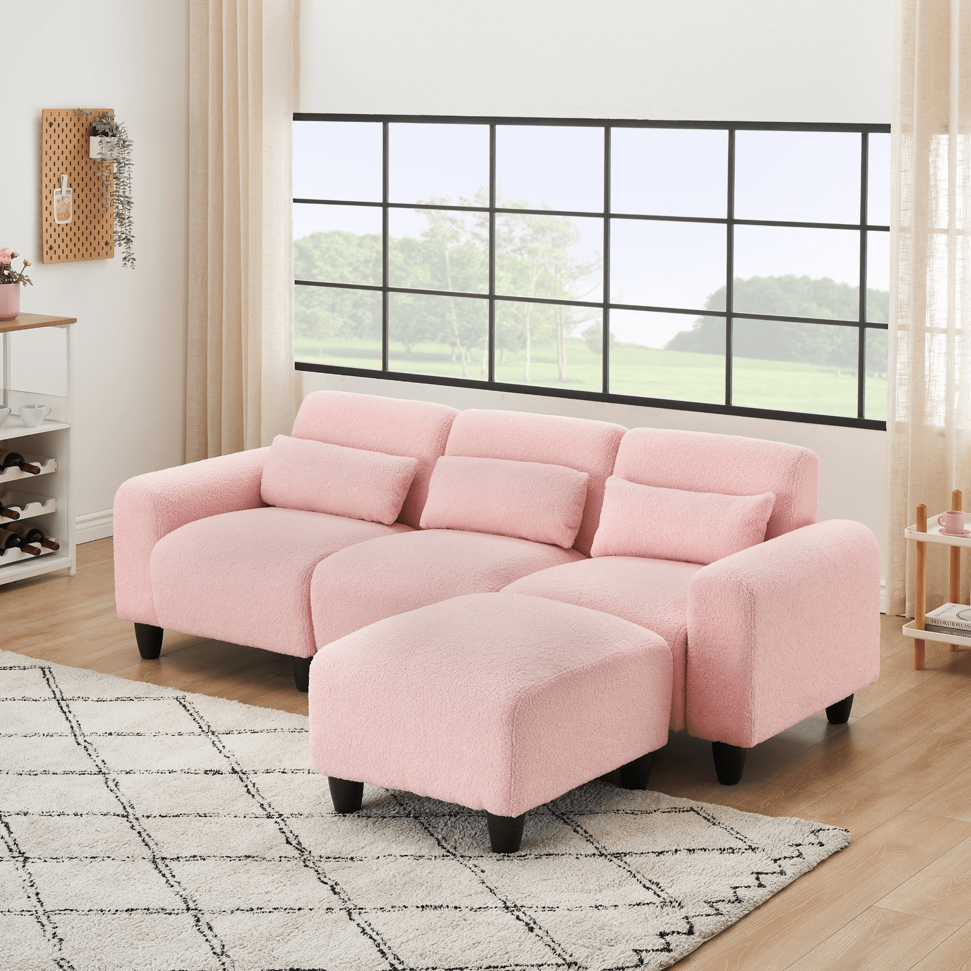 84.6 - Inch Pink Teddy Fleece Sofa - Versatile 2 - Seater & Single Couch with 3 Waist Pillows - Ideal for Small Apartment Bedrooms - CurtisJ Designs