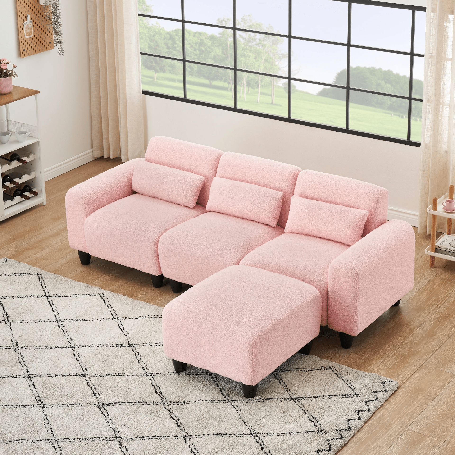 84.6 - Inch Pink Teddy Fleece Sofa - Versatile 2 - Seater & Single Couch with 3 Waist Pillows - Ideal for Small Apartment Bedrooms - CurtisJ Designs