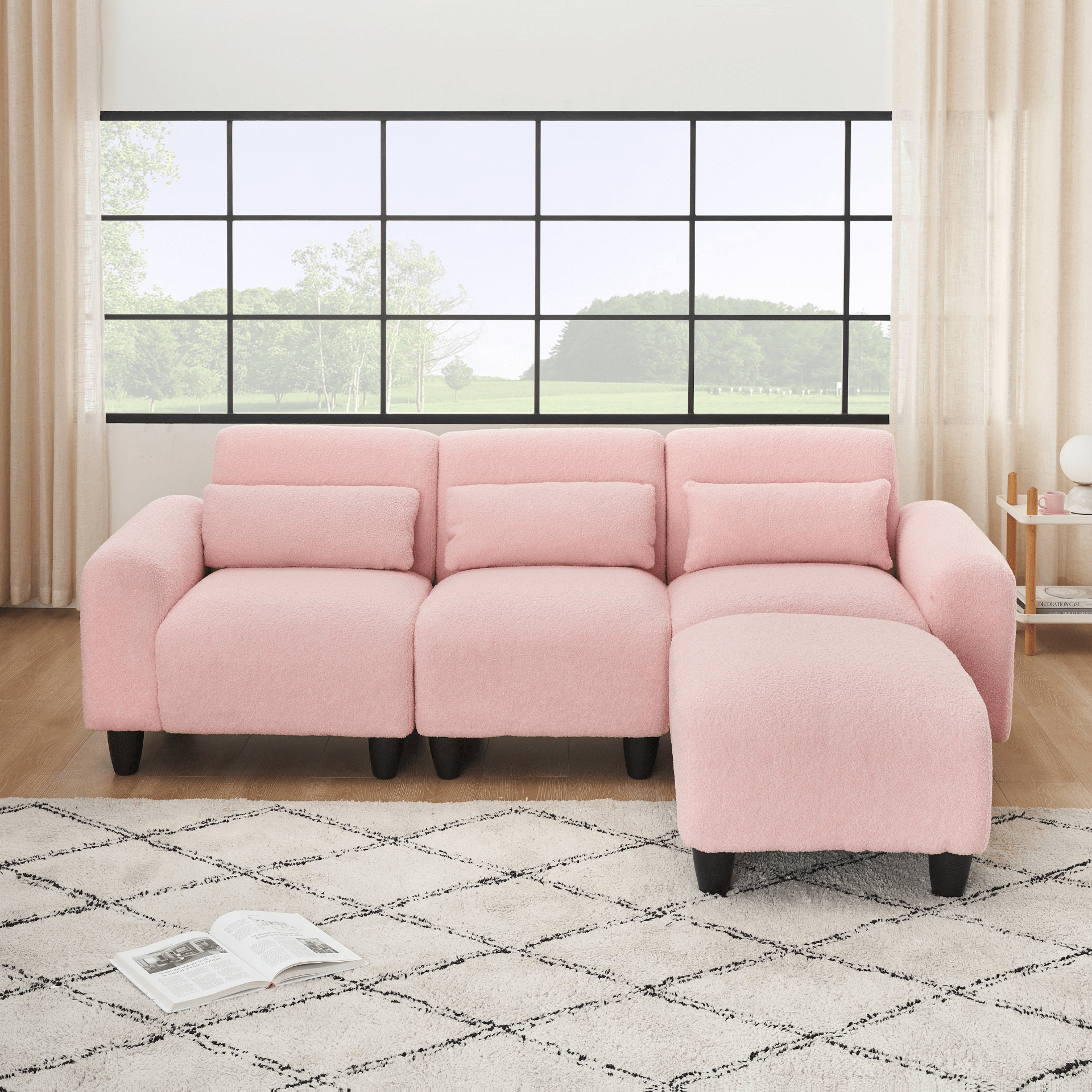 84.6 - Inch Pink Teddy Fleece Sofa - Versatile 2 - Seater & Single Couch with 3 Waist Pillows - Ideal for Small Apartment Bedrooms - CurtisJ Designs