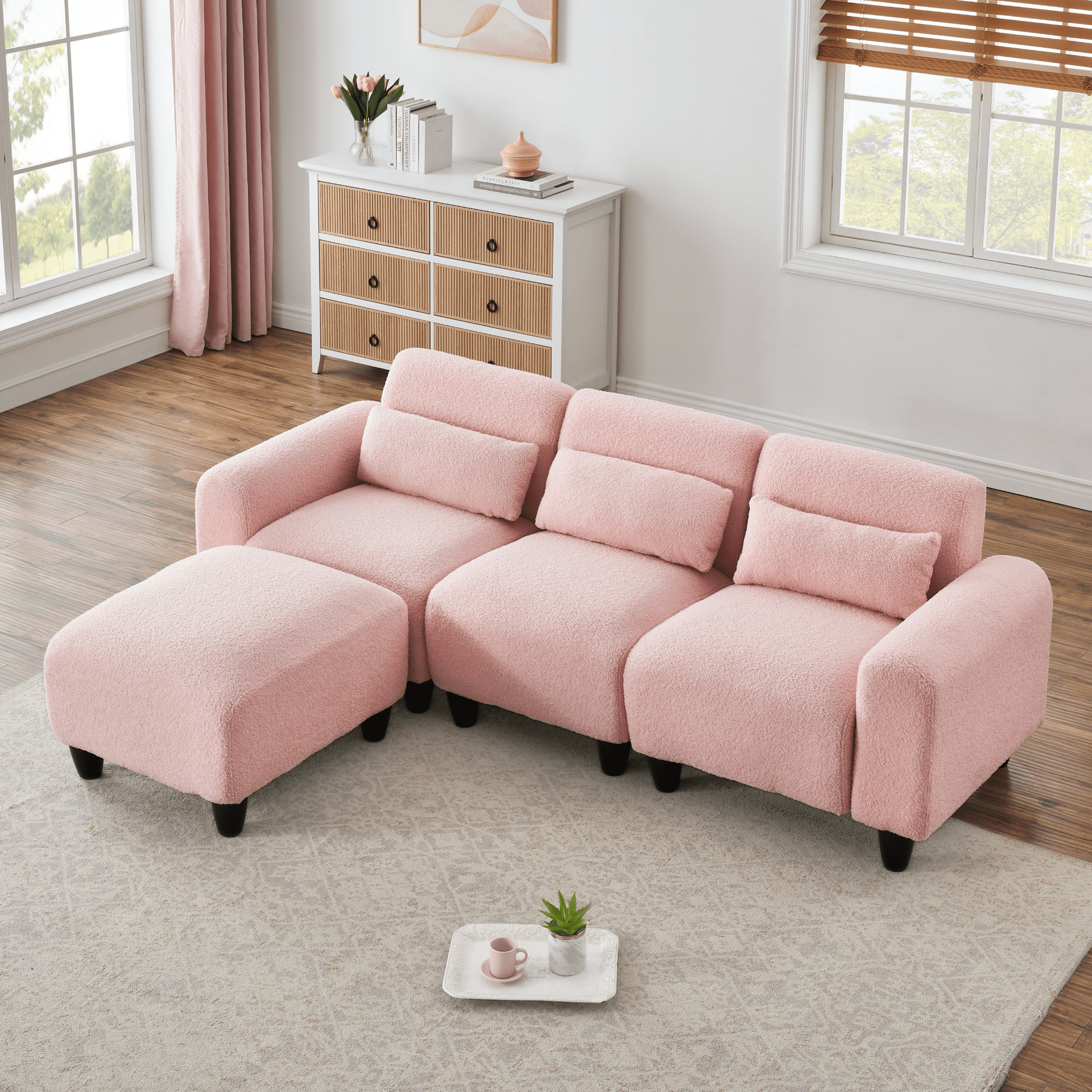 84.6 - Inch Pink Teddy Fleece Sofa - Versatile 2 - Seater & Single Couch with 3 Waist Pillows - Ideal for Small Apartment Bedrooms - CurtisJ Designs