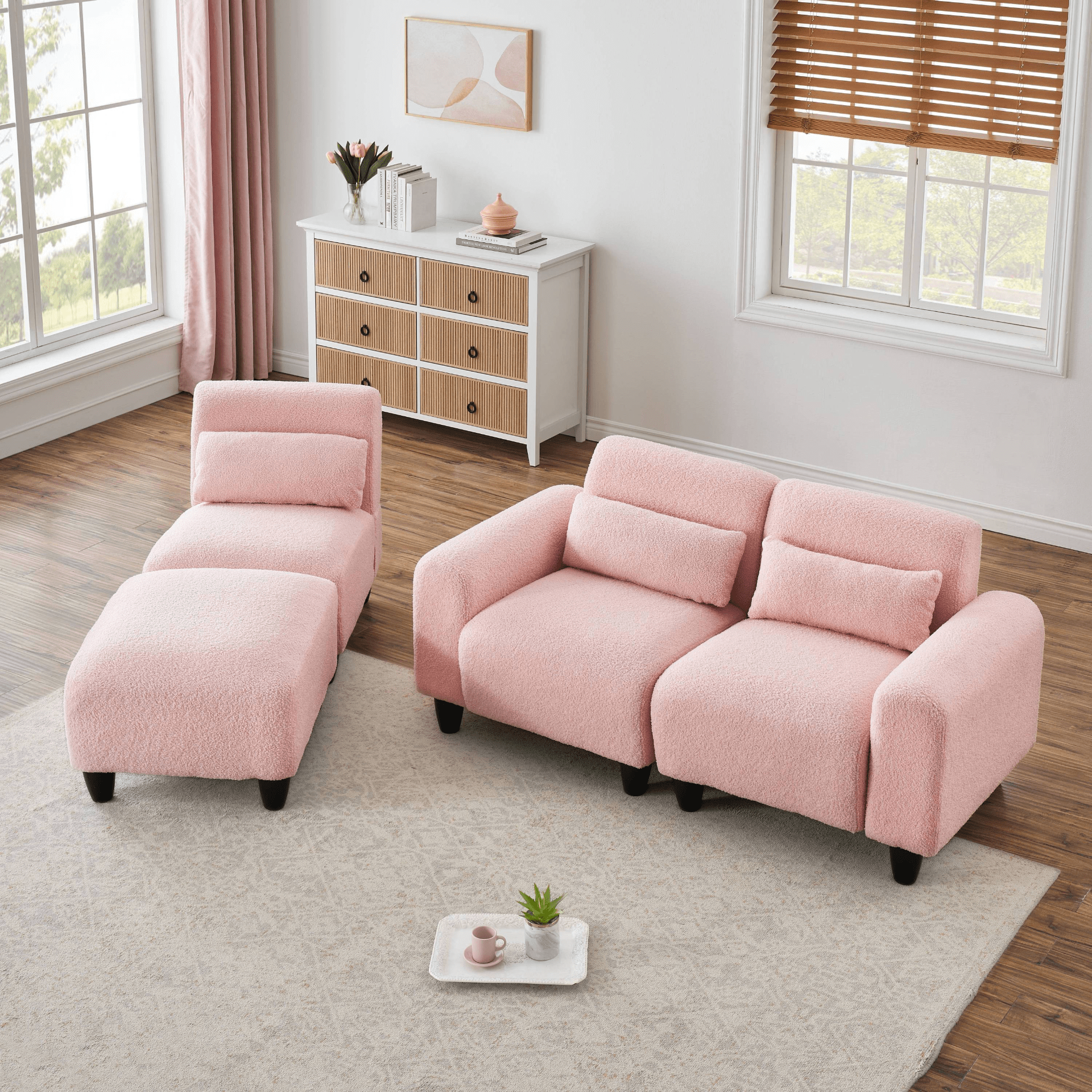 84.6 - Inch Pink Teddy Fleece Sofa - Versatile 2 - Seater & Single Couch with 3 Waist Pillows - Ideal for Small Apartment Bedrooms - CurtisJ Designs