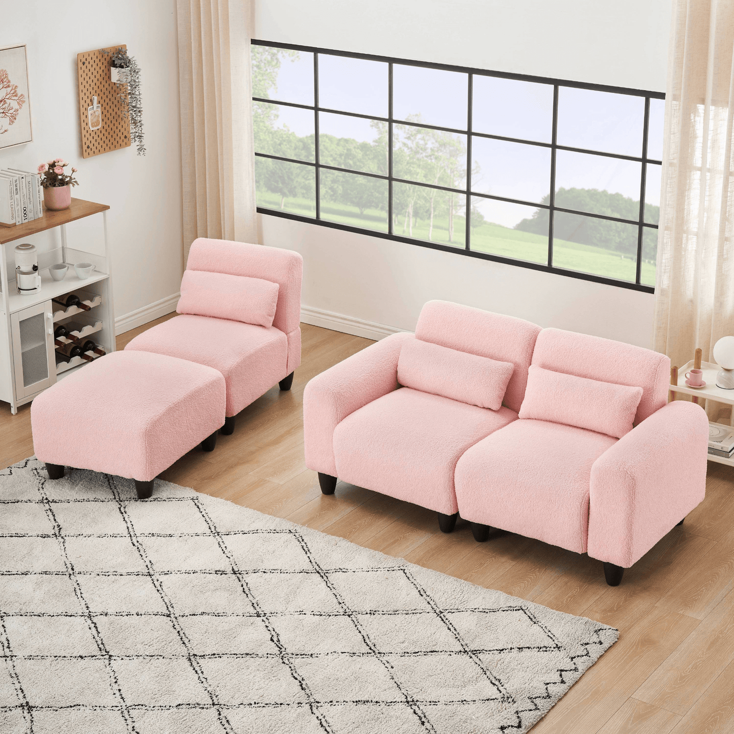 84.6 - Inch Pink Teddy Fleece Sofa - Versatile 2 - Seater & Single Couch with 3 Waist Pillows - Ideal for Small Apartment Bedrooms - CurtisJ Designs