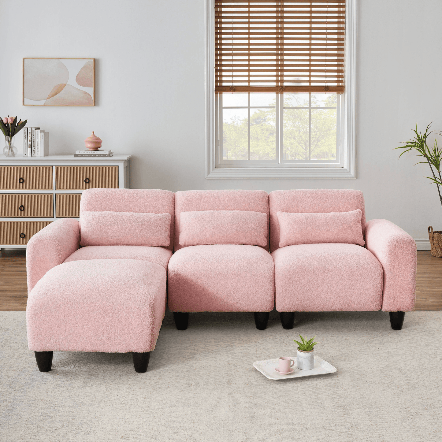 84.6 - Inch Pink Teddy Fleece Sofa - Versatile 2 - Seater & Single Couch with 3 Waist Pillows - Ideal for Small Apartment Bedrooms - CurtisJ Designs