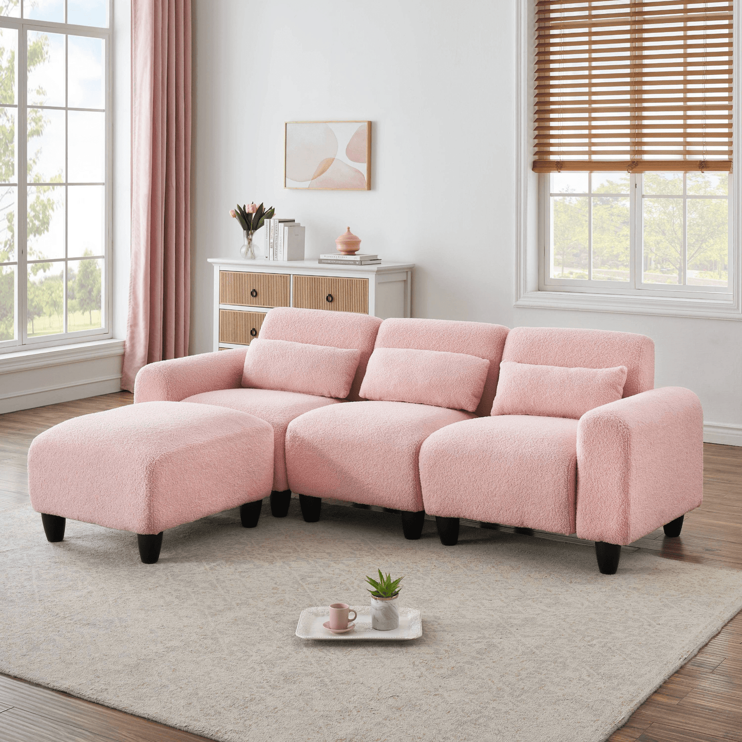 84.6 - Inch Pink Teddy Fleece Sofa - Versatile 2 - Seater & Single Couch with 3 Waist Pillows - Ideal for Small Apartment Bedrooms - CurtisJ Designs