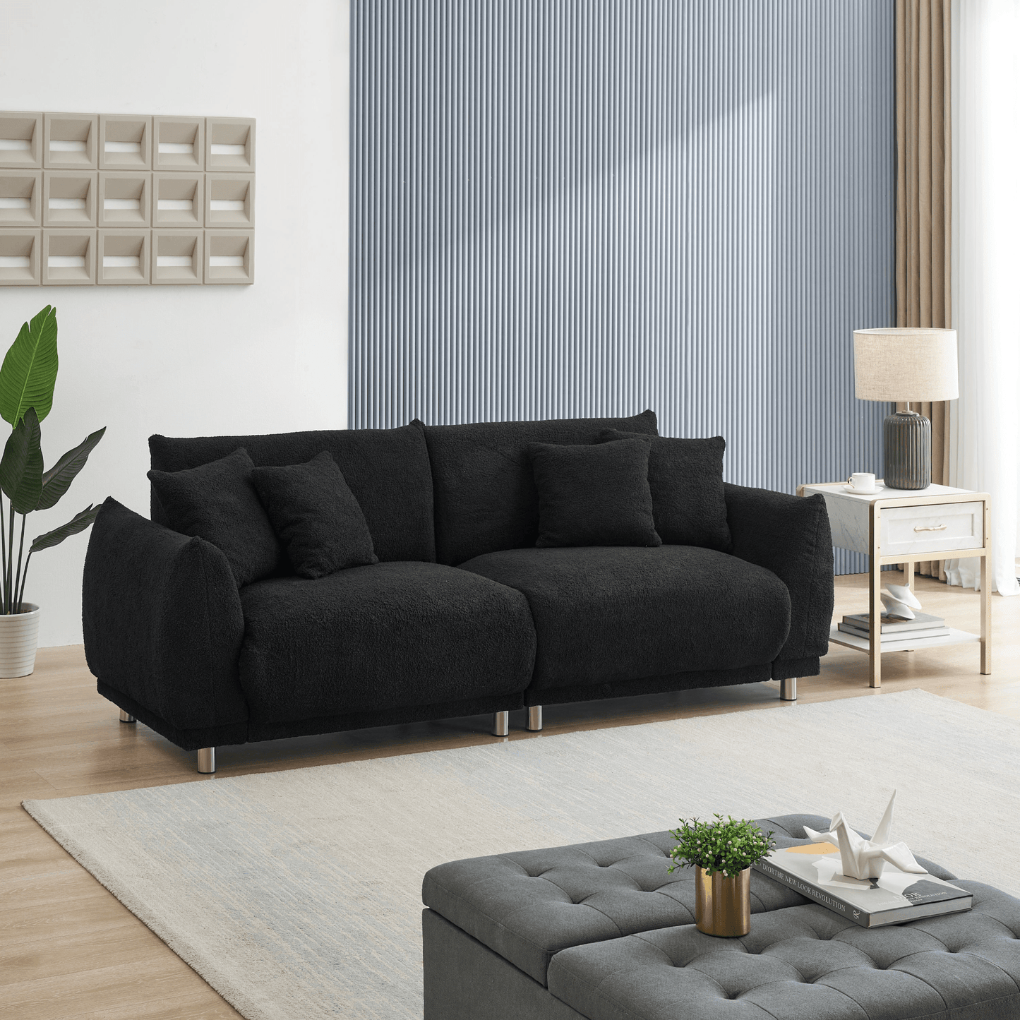 86.6 Inch Teddy Fleece Black Sofa with Four Throw Pillows - Compact, Comfortable, and Modern Seating for Apartments and Bedrooms - CurtisJ Designs